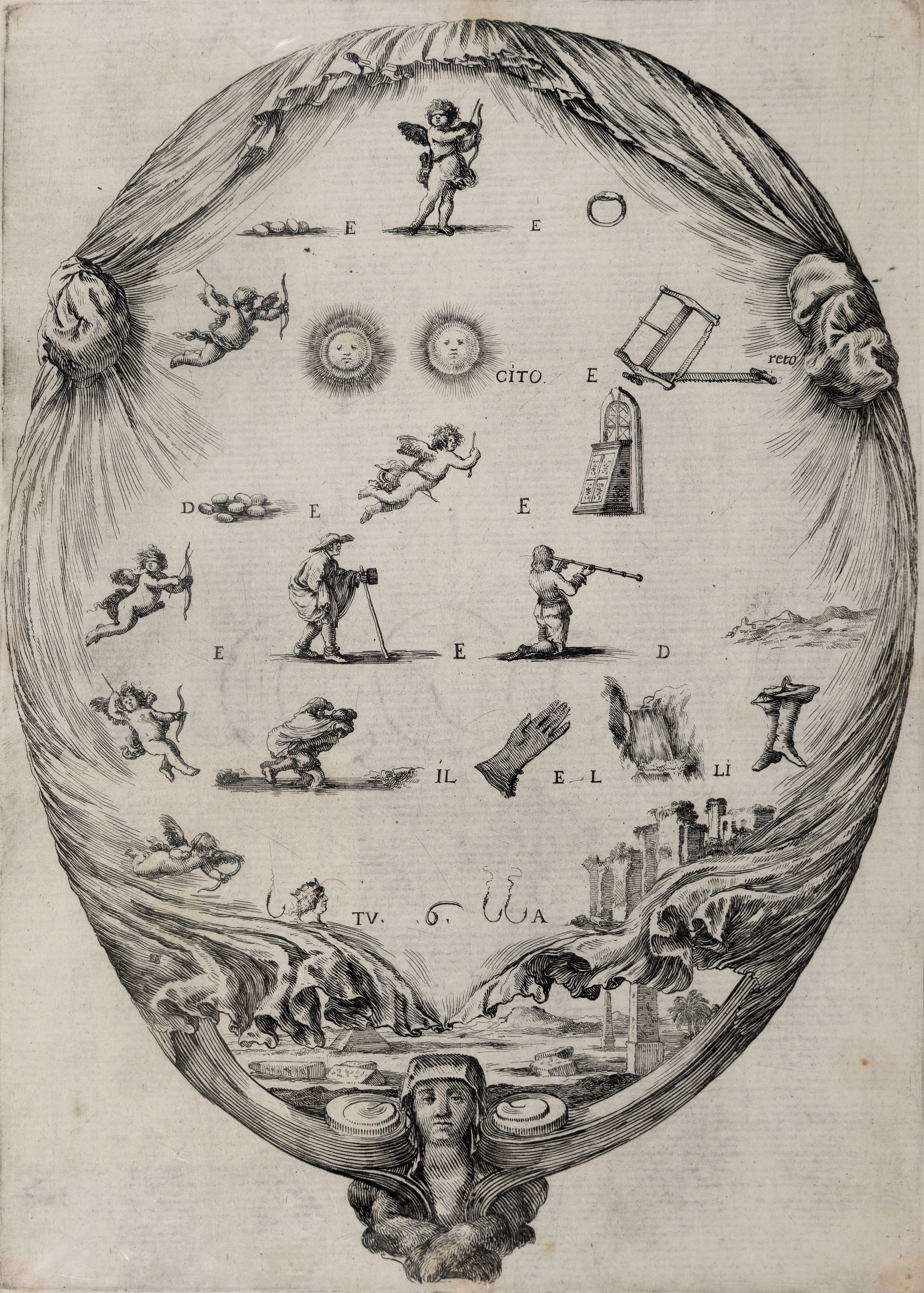 Stefano della Bella, 1610-1664, 2 Kupferstiche: Il rebus della fortuna und Il Rebus dell'Amore, je ca. 28x21cm