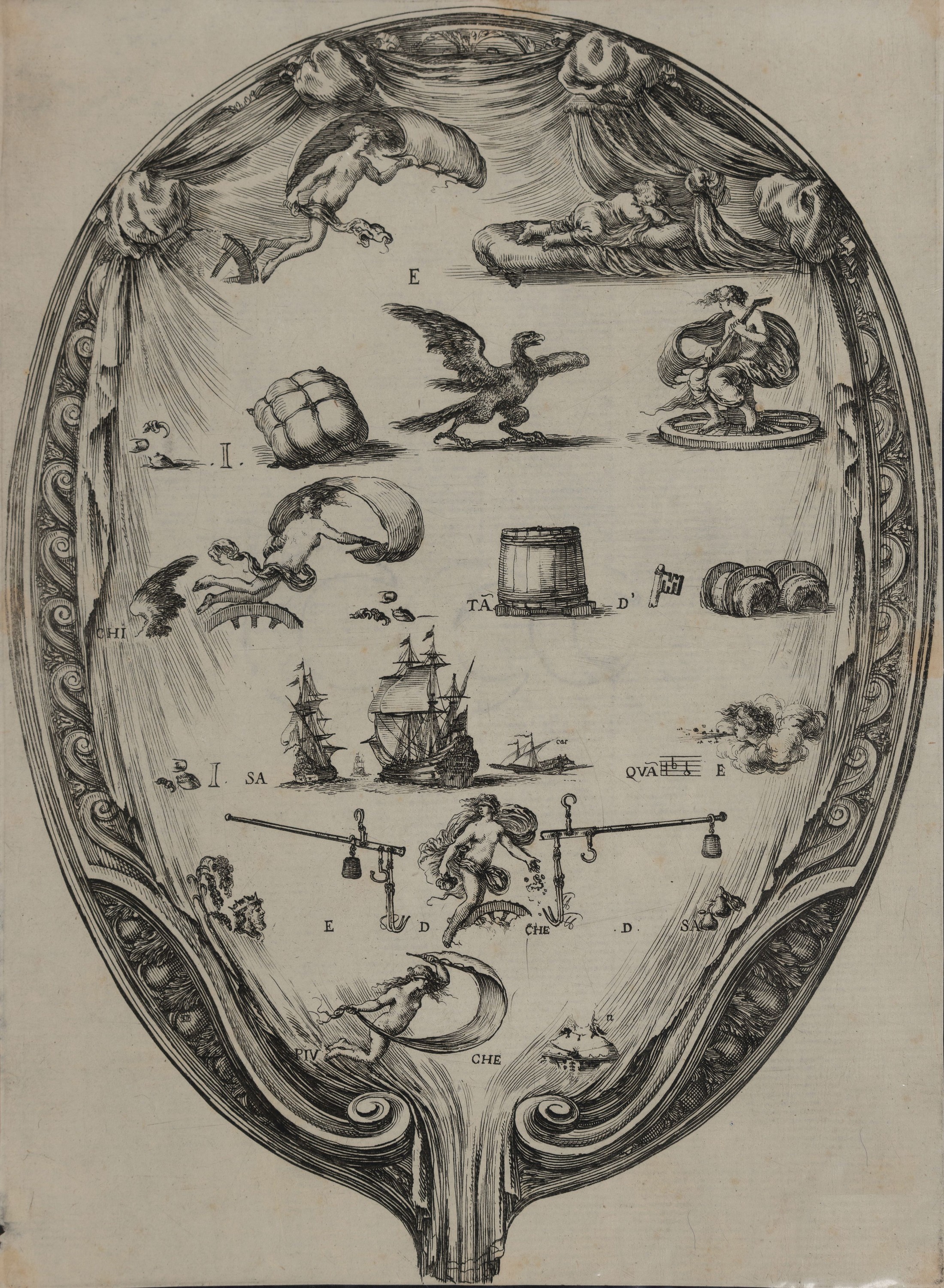 Detail a: Stefano della Bella, 1610-1664, 2 Kupferstiche: Il rebus della fortuna und Il Rebus dell'Amore, je ca. 28x21cm