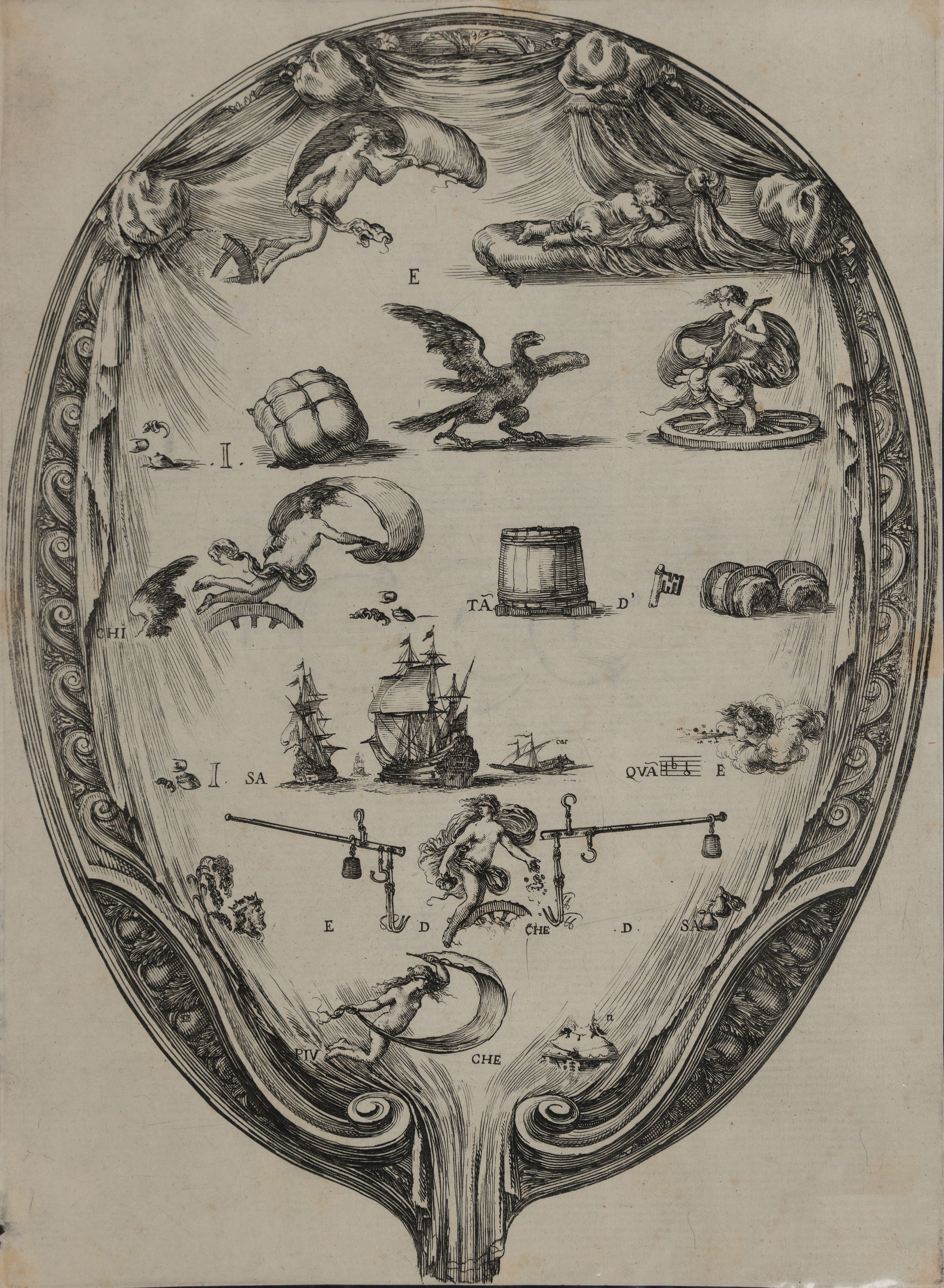 Detail l: Stefano della Bella, 1610-1664, 2 Kupferstiche: Il rebus della fortuna und Il Rebus dell'Amore, je ca. 28x21cm