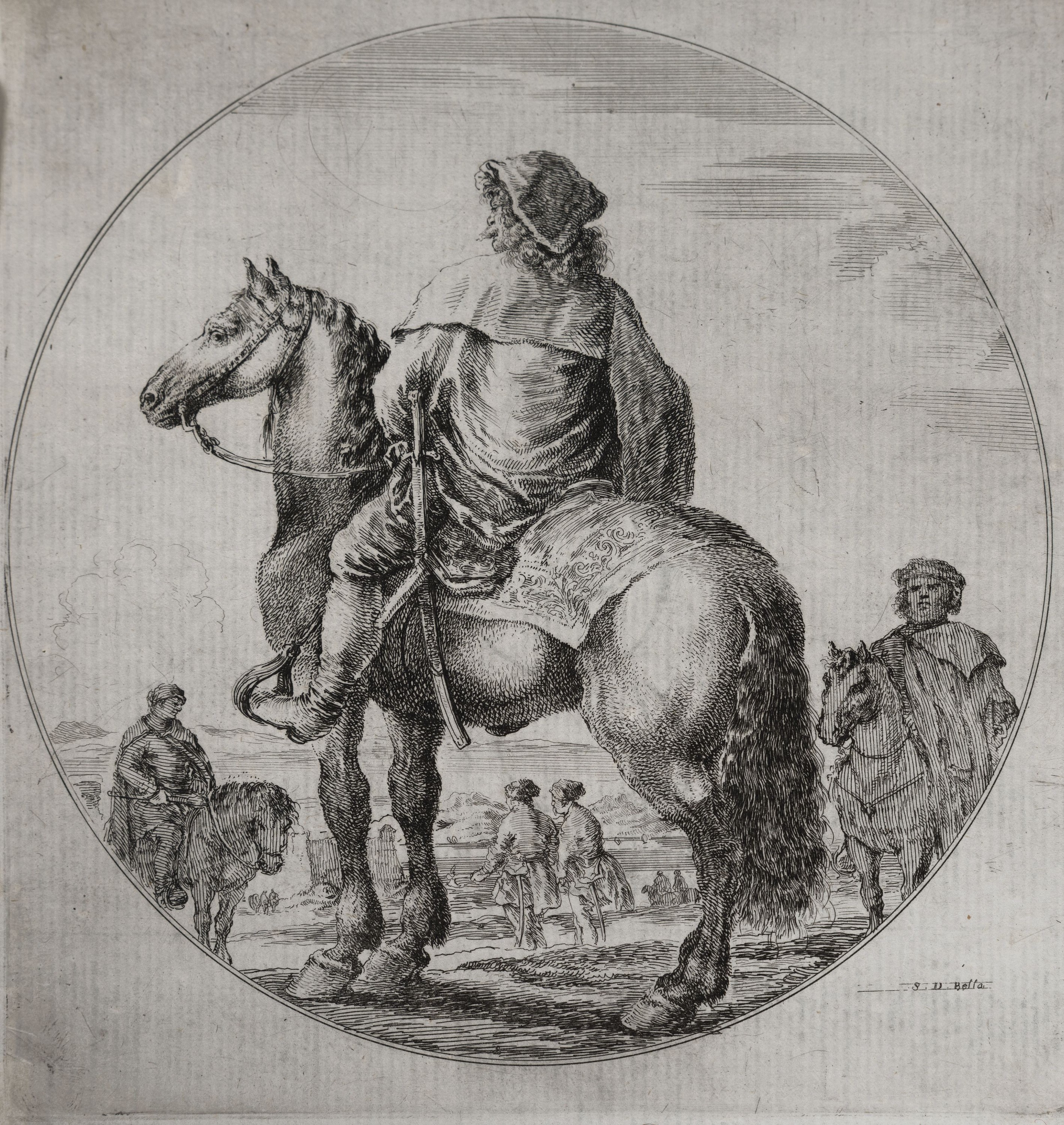 Stefano della Bella, 1910-1664, 5 Kupferstiche, davon 2 Jagdszenen, je ca. 15x22cm, 3 runde Darst. von