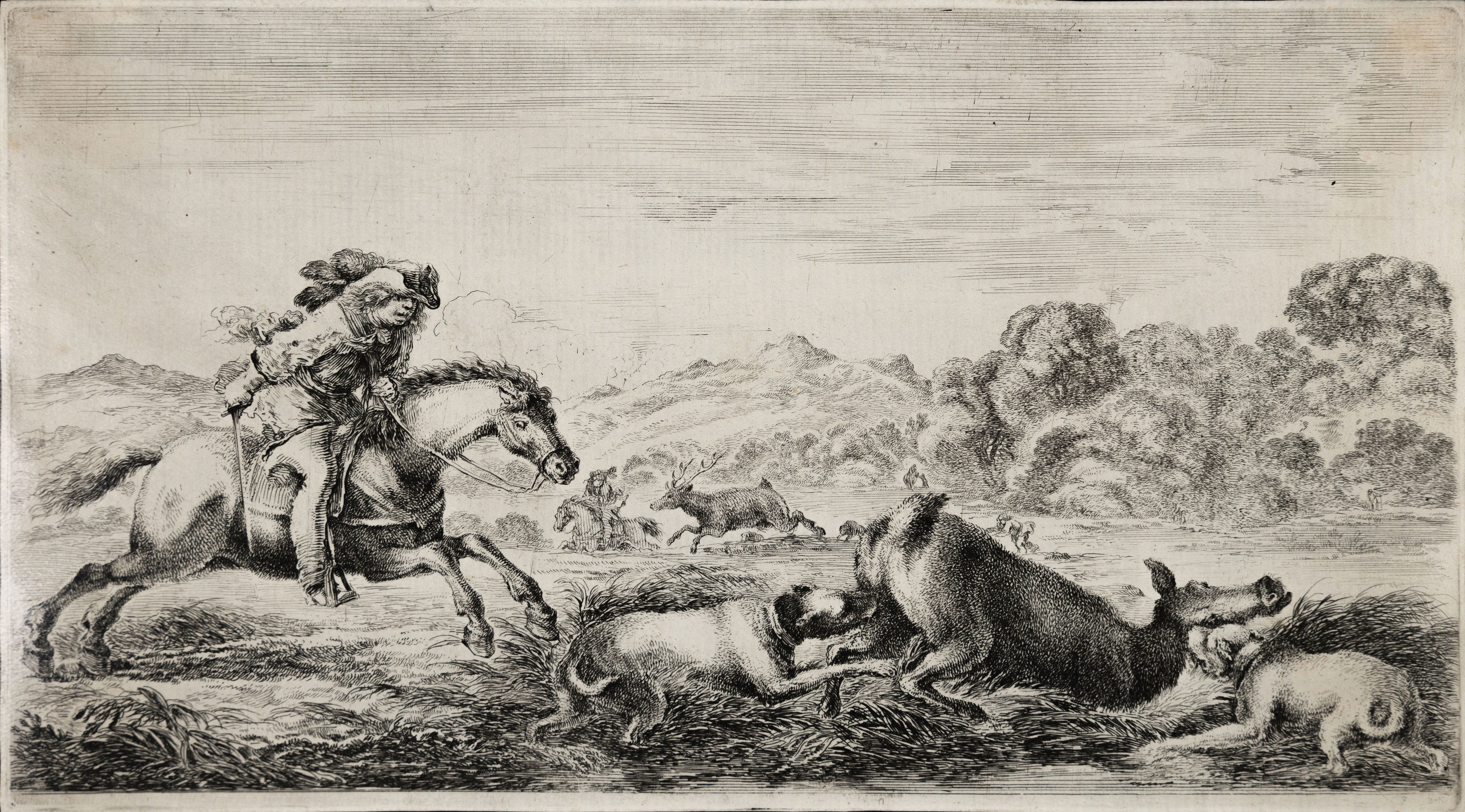 Detail a: Stefano della Bella, 1910-1664, 5 Kupferstiche, davon 2 Jagdszenen, je ca. 15x22cm, 3 runde Darst. von