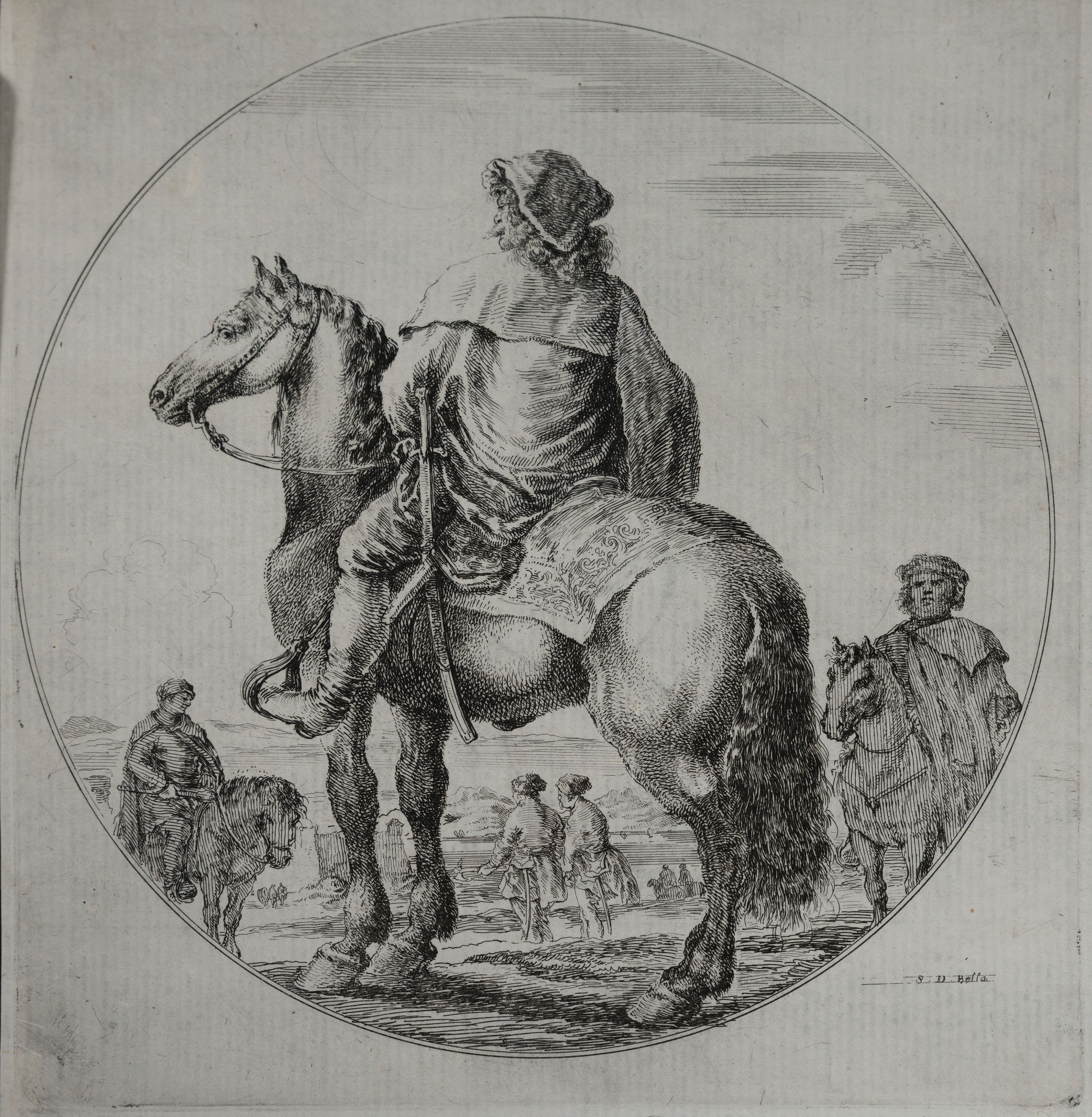 Detail k: Stefano della Bella, 1910-1664, 5 Kupferstiche, davon 2 Jagdszenen, je ca. 15x22cm, 3 runde Darst. von