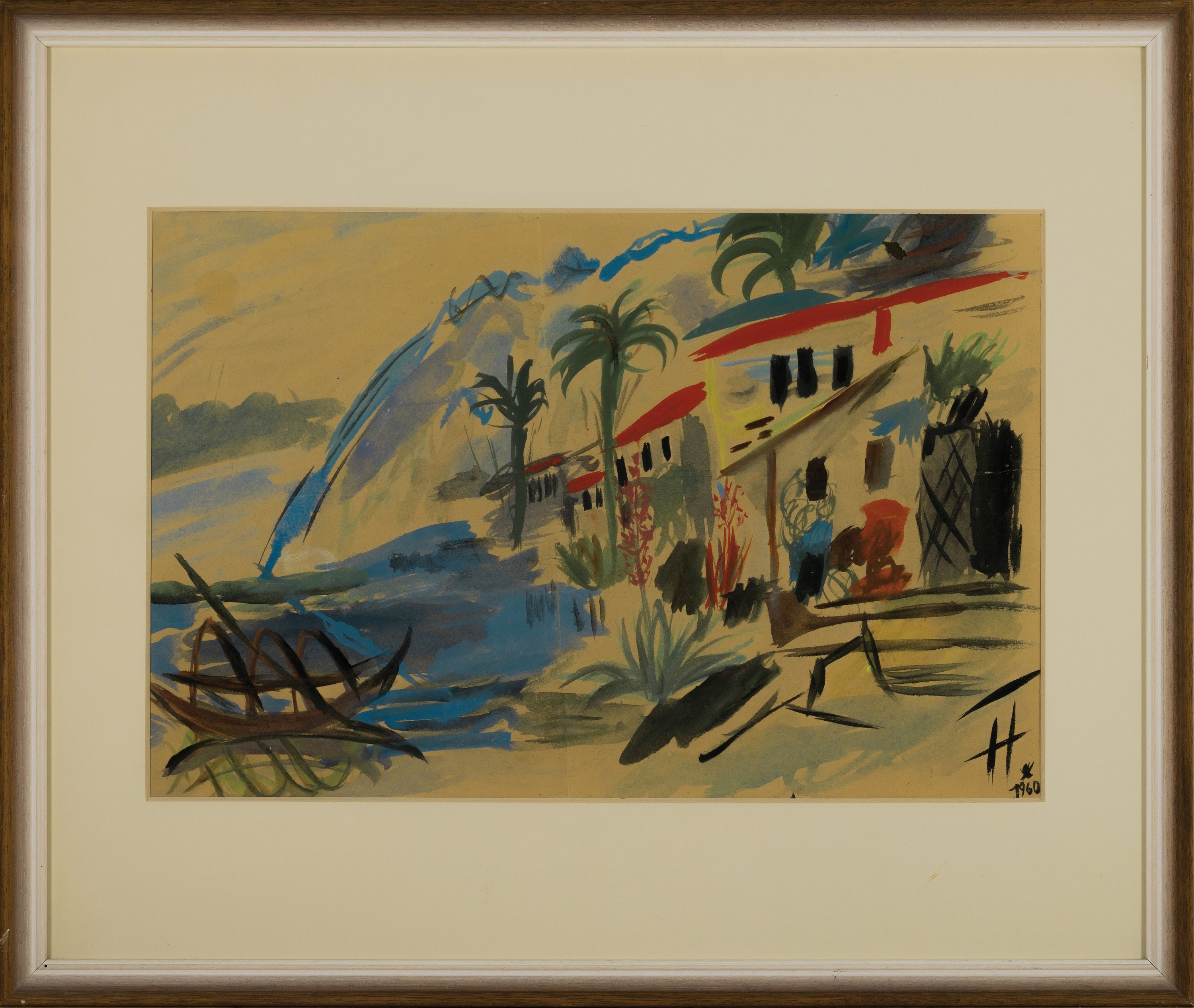 Detail k: Monogrammist H, in der Art des Franz Heckendorf (1888-1962), Südliche Landschaft am Meer, Gouache auf Papier (gebräunt), Mittelbug Falte, rechts ...