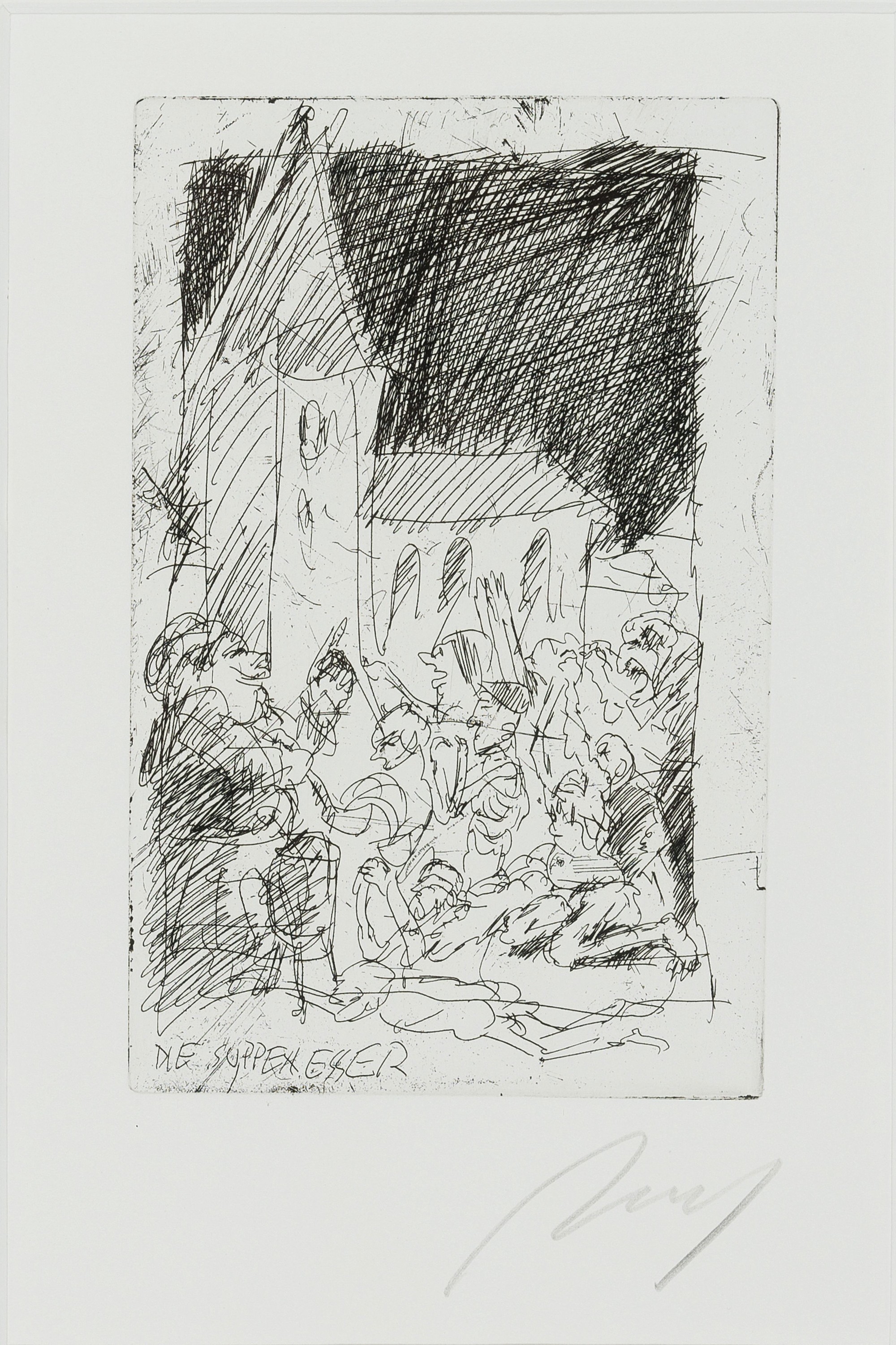 Alfred Hrdlicka, 1928-2009 Wien, 2 Grafiken:Ohne Titel, Lithographie, handsign., ca. 31x28cm, PP, u.Gl., R. ca. 57x47cm; Die Suppenesser, Radierung, ...