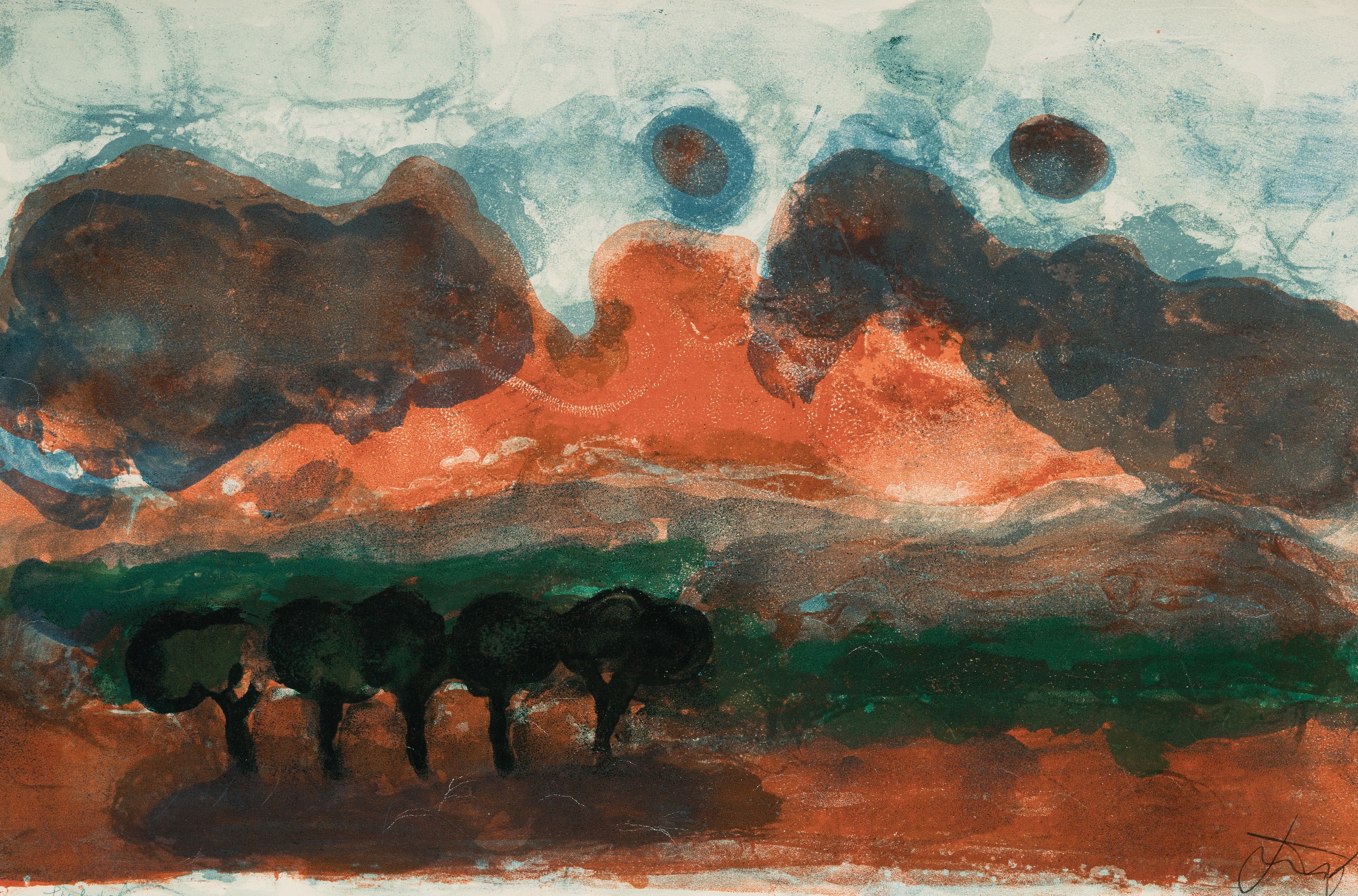 Christian Kruck, 1925 Hamburg-1985 Frankfurt, Farblithographie, südliche Landschaft, rechts unten handsign., bez. Probedruck, ca. 39x60cm, PP, ...