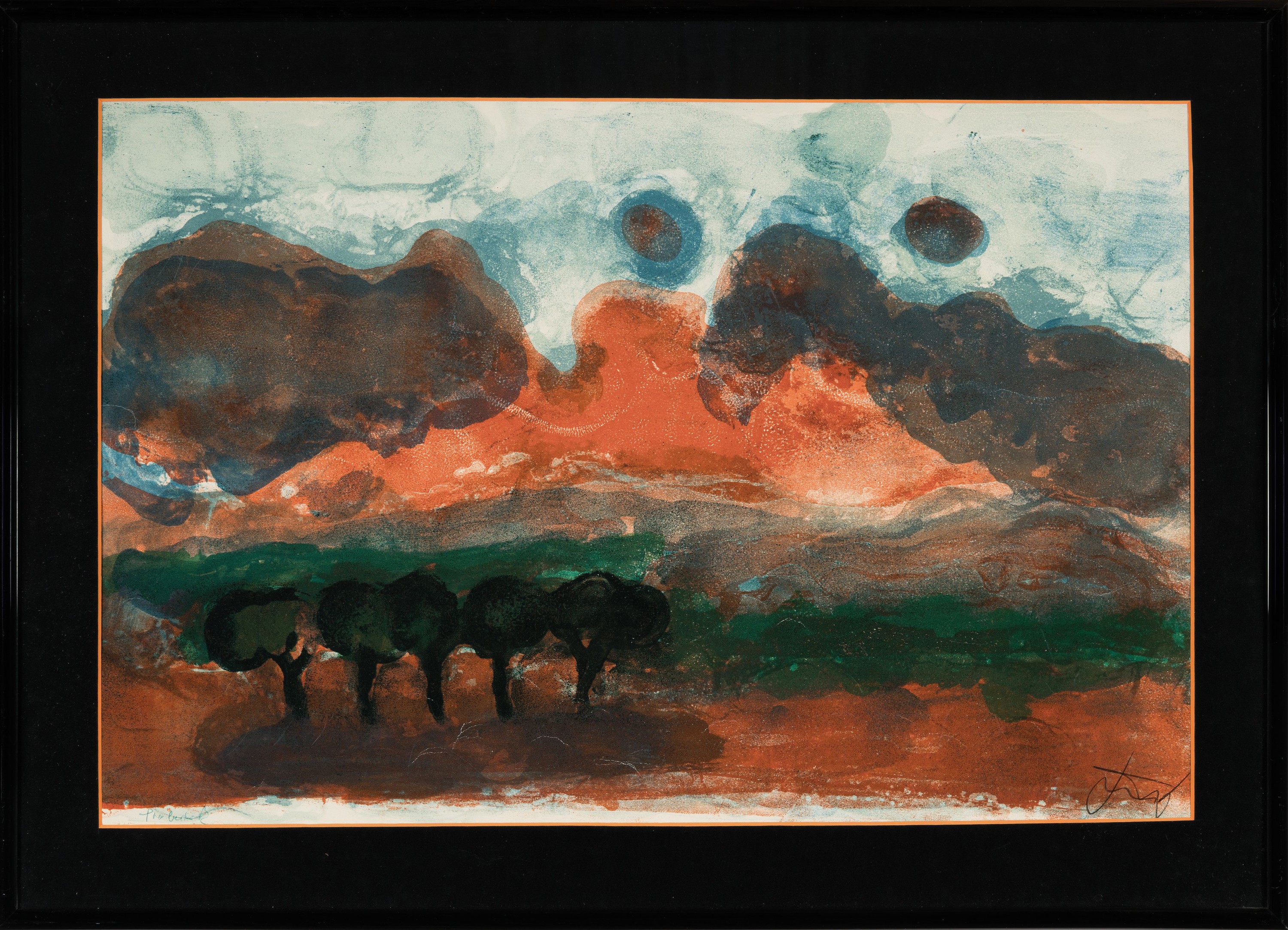Detail k: Christian Kruck, 1925 Hamburg-1985 Frankfurt, Farblithographie, südliche Landschaft, rechts unten handsign., bez. Probedruck, ca. 39x60cm, PP, ...