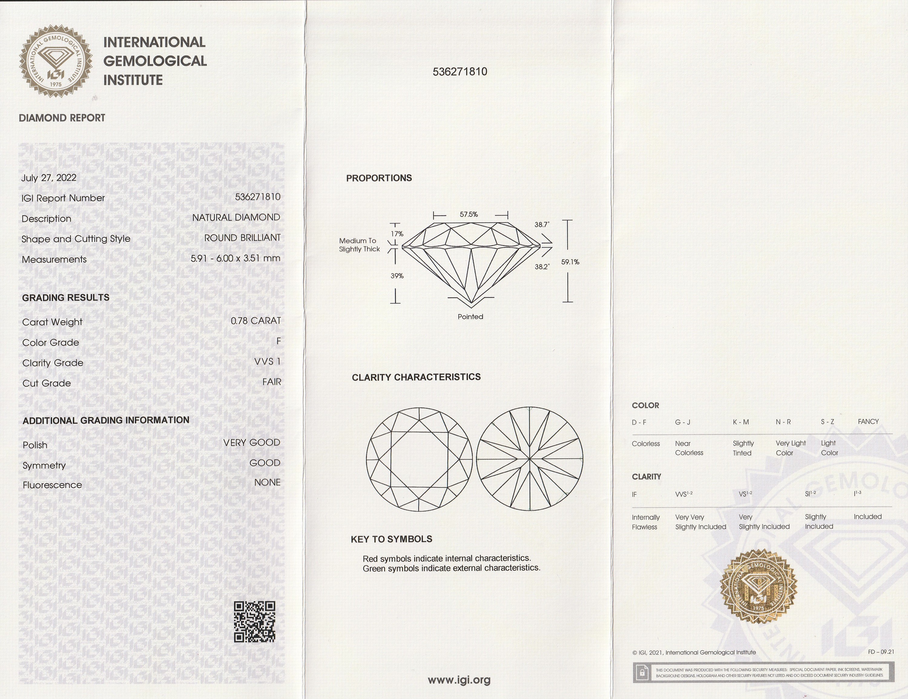 Detail a: Loser Brillant 0.78 ct, feines Weiß+(F)/vvs1, eingeschweißt, IGI-Expertise