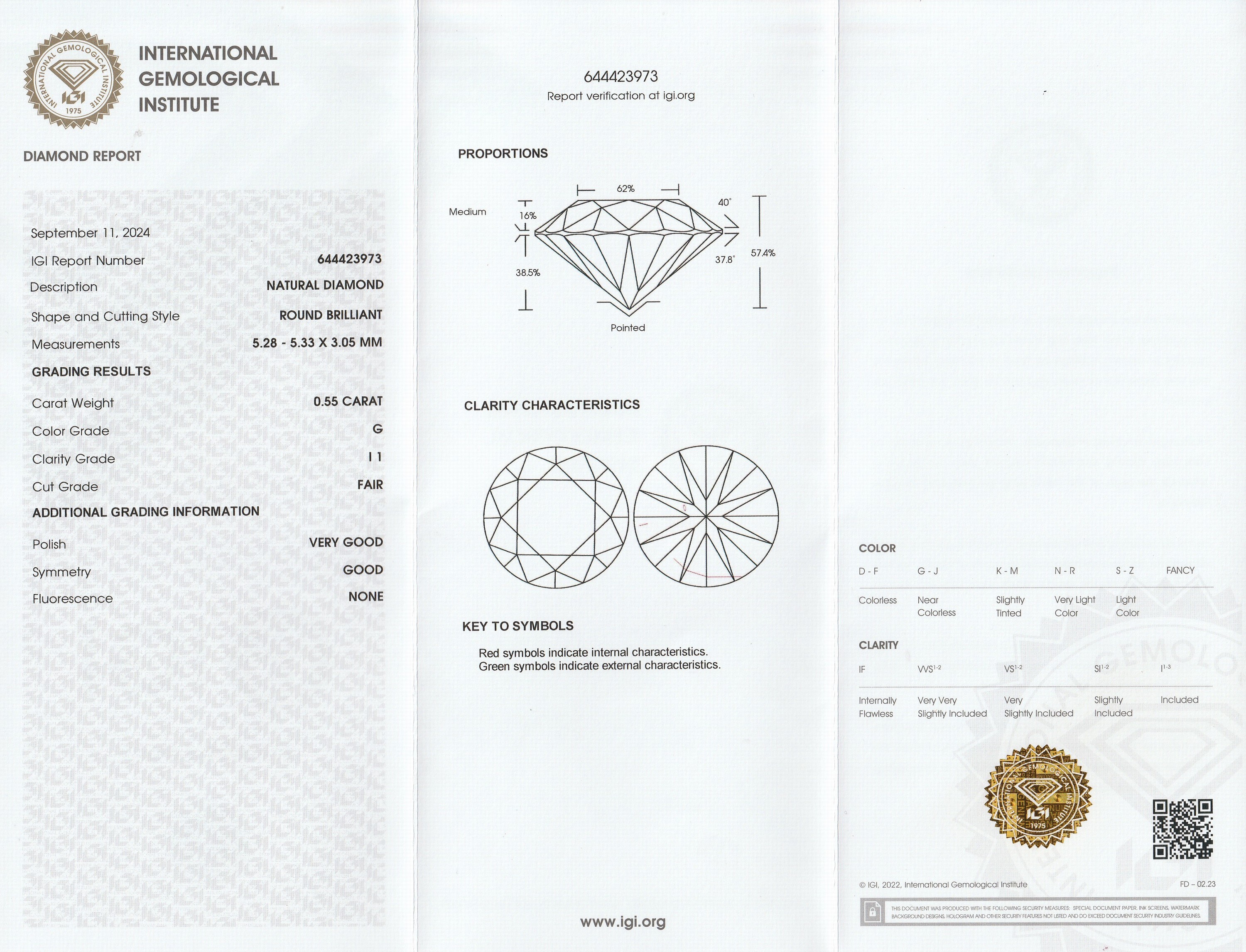 Detail a: Loser Brillant, 0.55 ct feines Weiß(G)/p1, eingeschweißt, IGI-Expertise