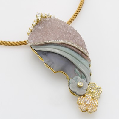 26866355b - Anhänger/Brosche mit Achat und Brillanten an Kordelcollier, GG/RG 750/000, ...