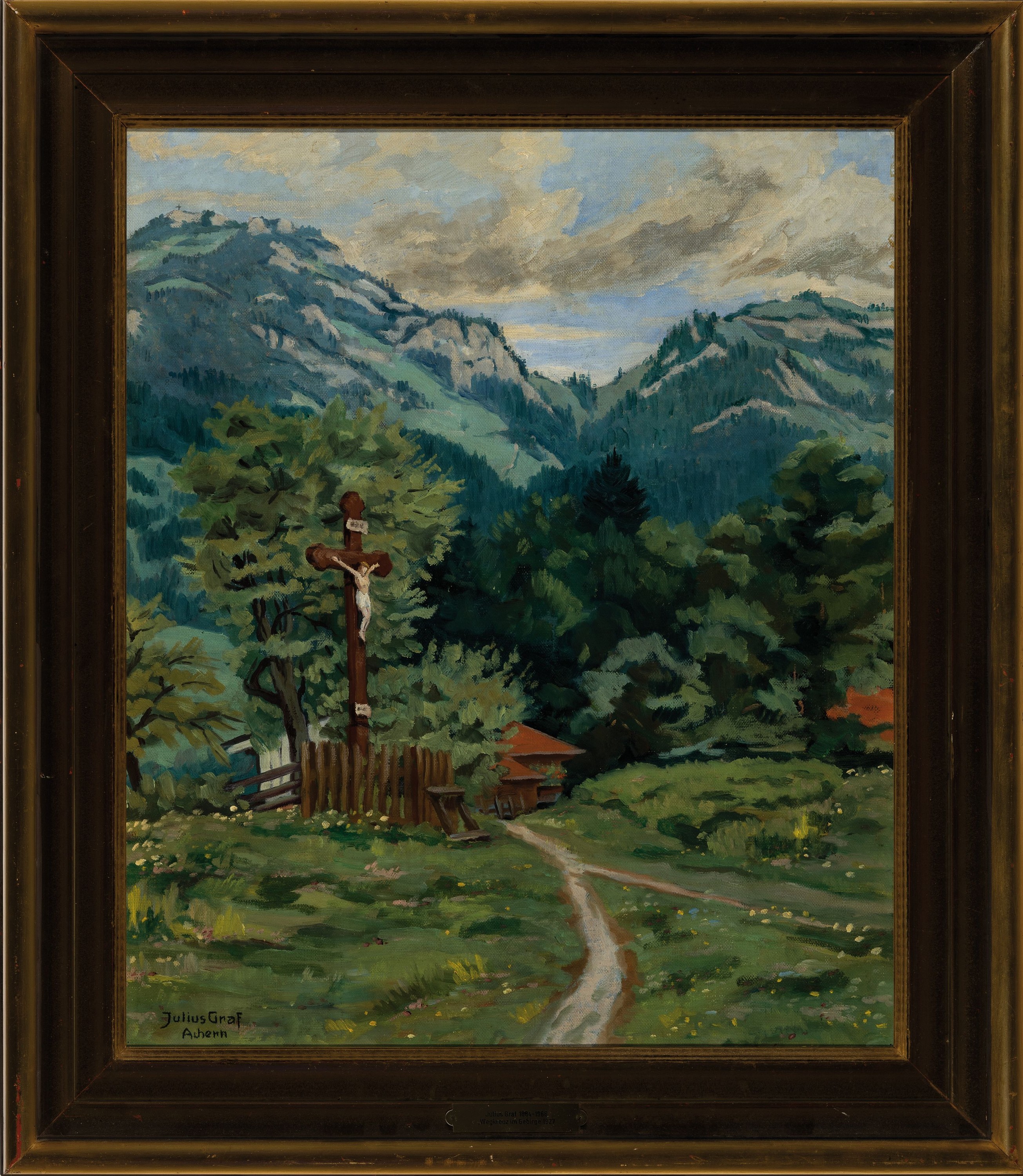Detail k: Julius Graf, 1884 Achern-1968, Wegkreuz im Gebirge, auf Rahmenschild so betitelt und dat. 1927, Öl/Lwd, links unten signiert, ca. 60x50cm, R. ca. ...
