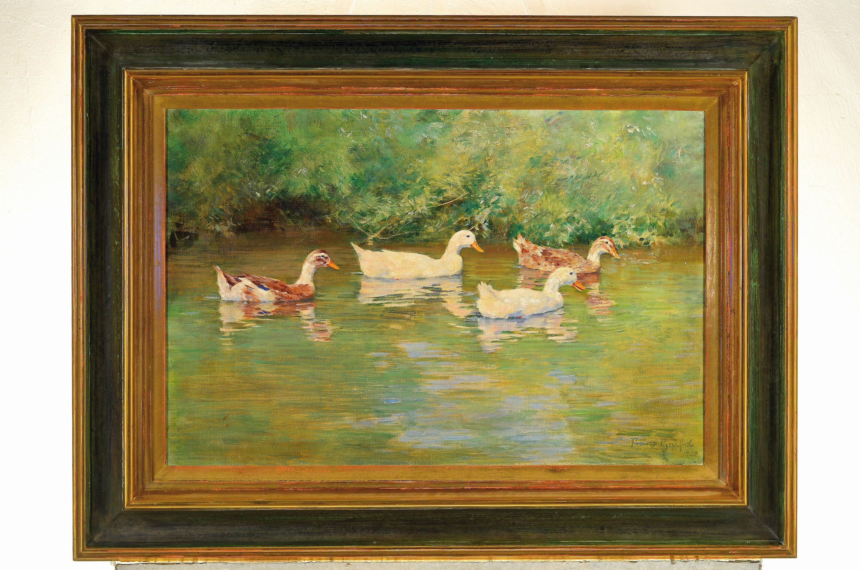 Detail k: Franz Grässel, 1861 Obersasbach/Baden-1948 Emmering, Schwimmende Enten, rückseitig so betitelt, Öl/Lwd, rechts unten signiert, ca. 44x65cm, R. ca. ...