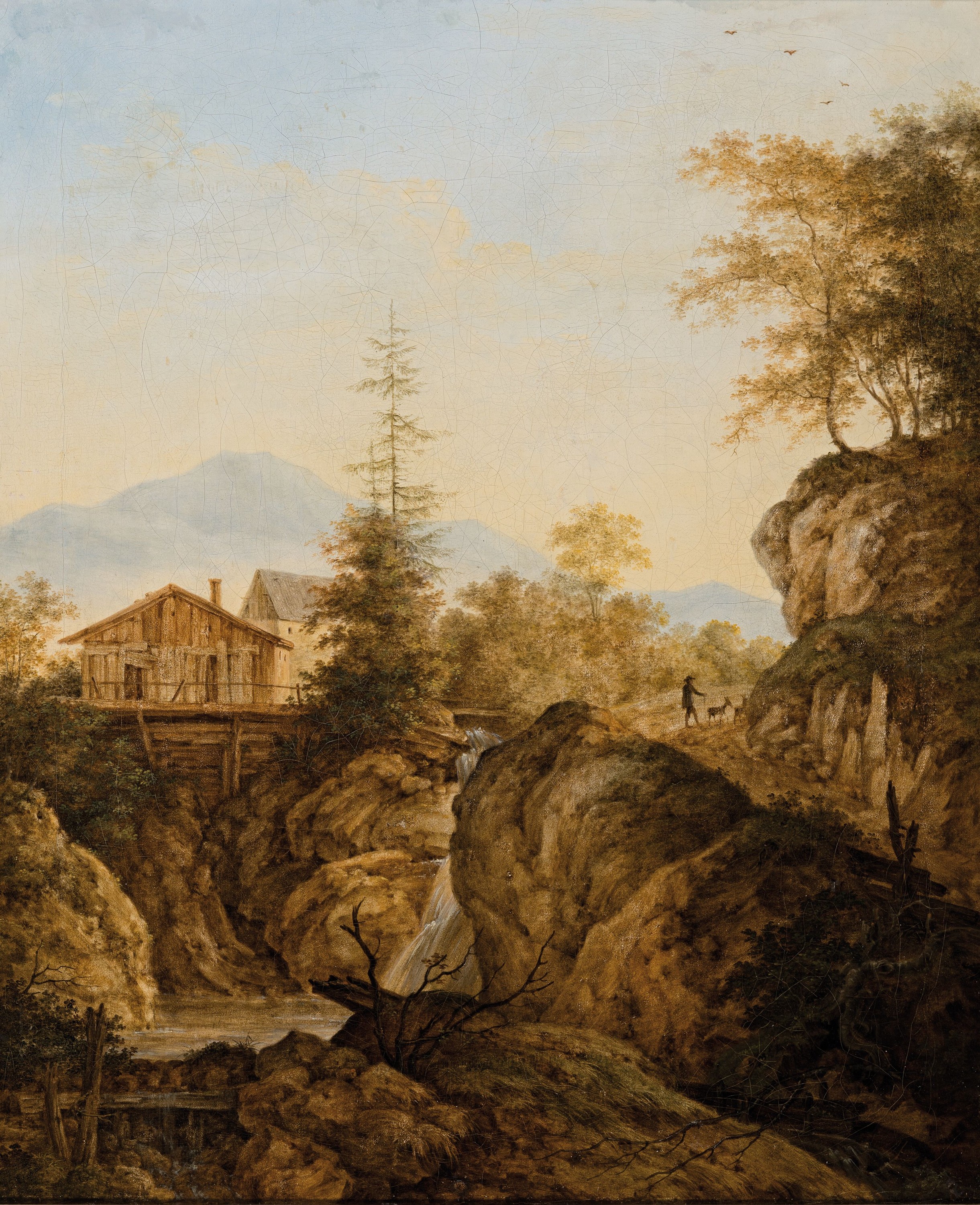 Zuschreibung: Johann Jako Dorner d.J., 1775-1852 München, Herbstliche Landschaft mit Wildbach und Mühle, Öl/Lwd, rest., doubl., ca. 40x33cm, R. ...