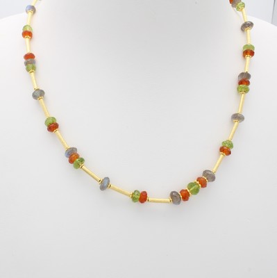 Image 26866460 - Kette mit Farbsteinen, 925er Silber verg., fac. Karneole, Labradorite u. Peridots, ...