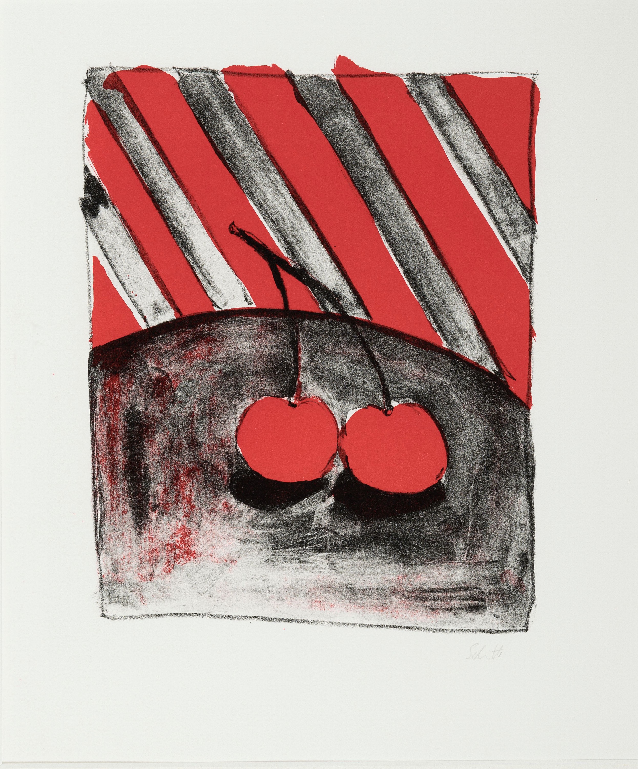 Detail a: Thomas Schütte, geb. 1954 Oldenburg, tätig in Düsseldorf, 2 Farblithographien: Kirschen, handsign., ca. 30x23cm, PP, u.Gl., R. ca. 61x51cm; Burg, ...