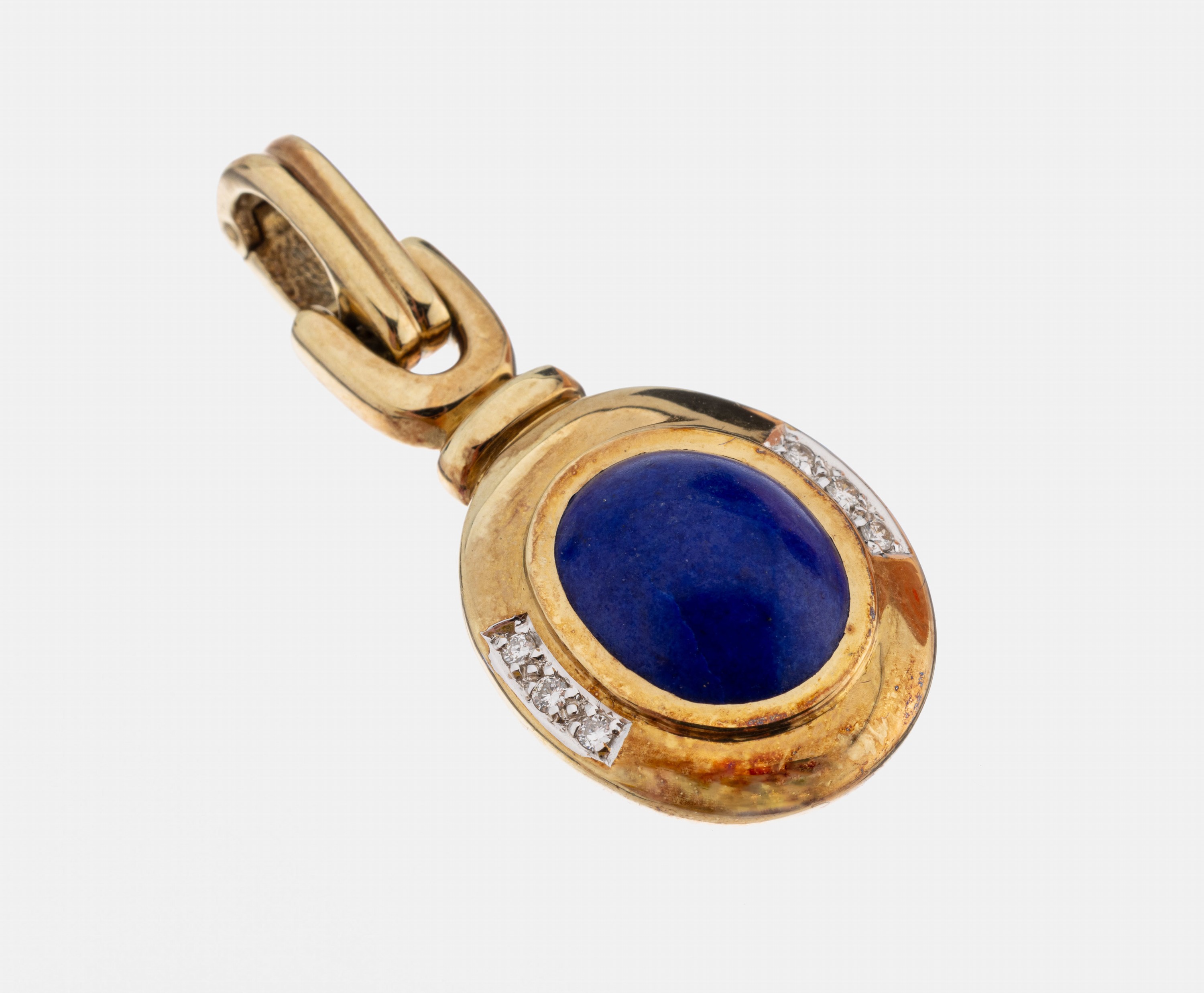 14 kt Gold Lapislazuli-Brillant-Clipanhänger, GG 585/000, mittig ovaler Lapislazuli- Cabochon, 6 Brillanten in rhod. Fassungen zus.ca. 0.06 ct ...
