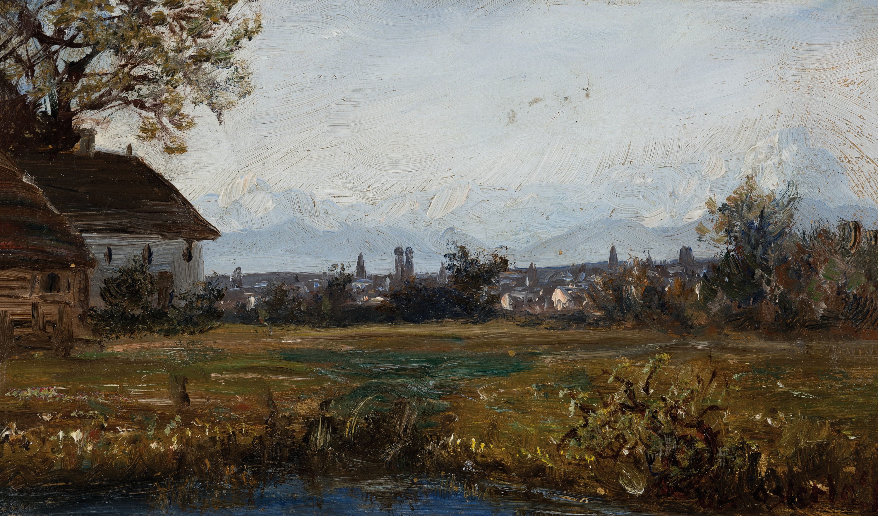 Carl Oesterley , 1839-1930, Panoramablick auf München, im Hintergrund die Alpen, Öl/ Malkarton, rechts unten sign., ca. 15.5x25.5 cm, R. ca. 20x30cm