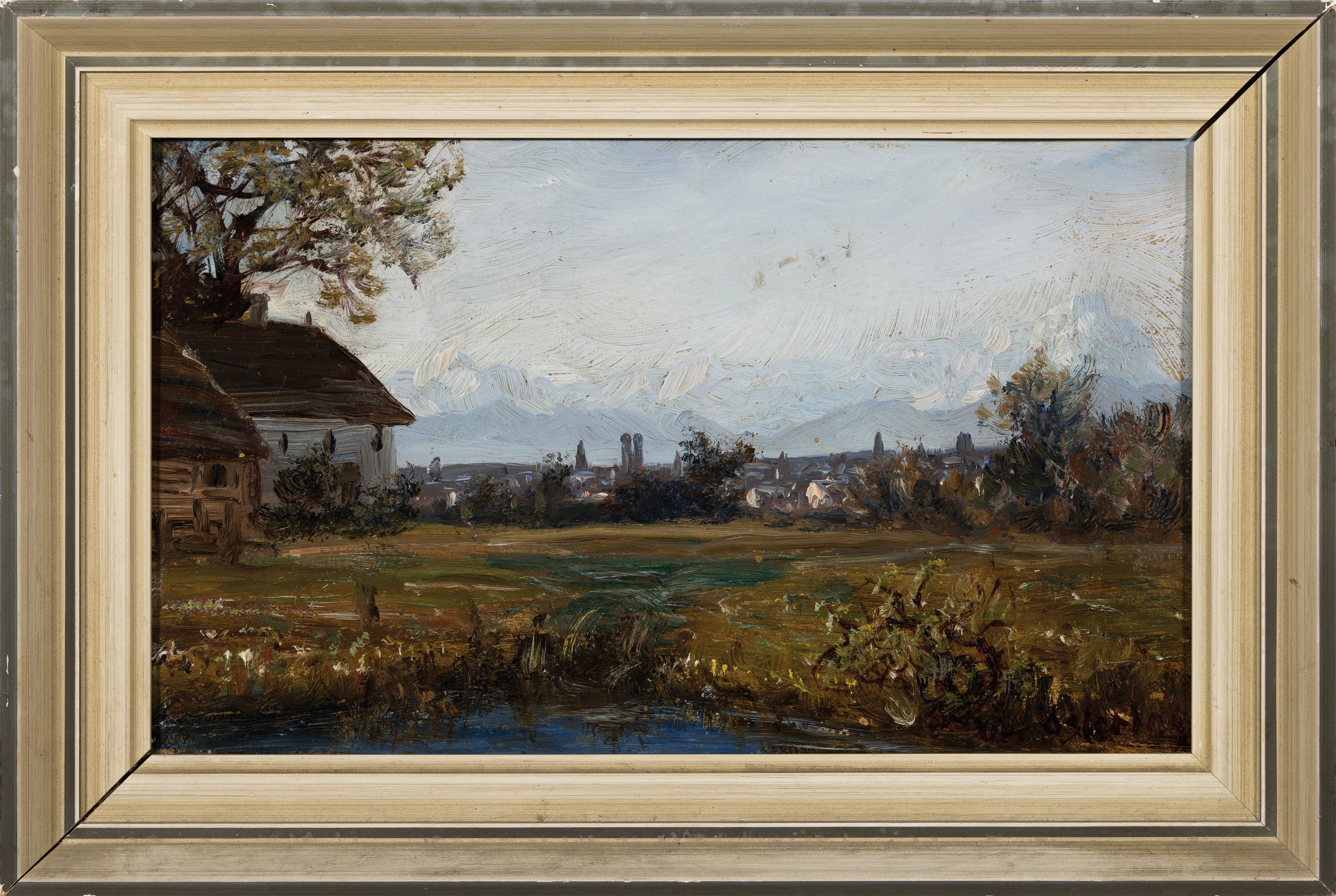 Detail k: Carl Oesterley , 1839-1930, Panoramablick auf München, im Hintergrund die Alpen, Öl/ Malkarton, rechts unten sign., ca. 15.5x25.5 cm, R. ca. 20x30cm