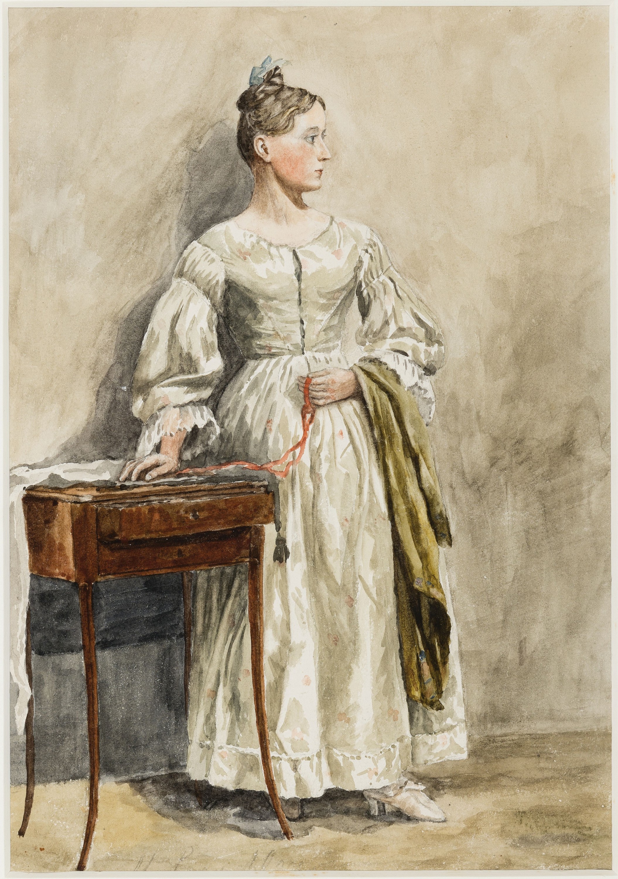 Unbekannter Künstler, um 1900, Junge Frau am Nähtisch, Aquarell auf Papier, links unten unleserlich signiert, ca. 30x20cm, PP, u.Gl., R. ca. 46x39cm