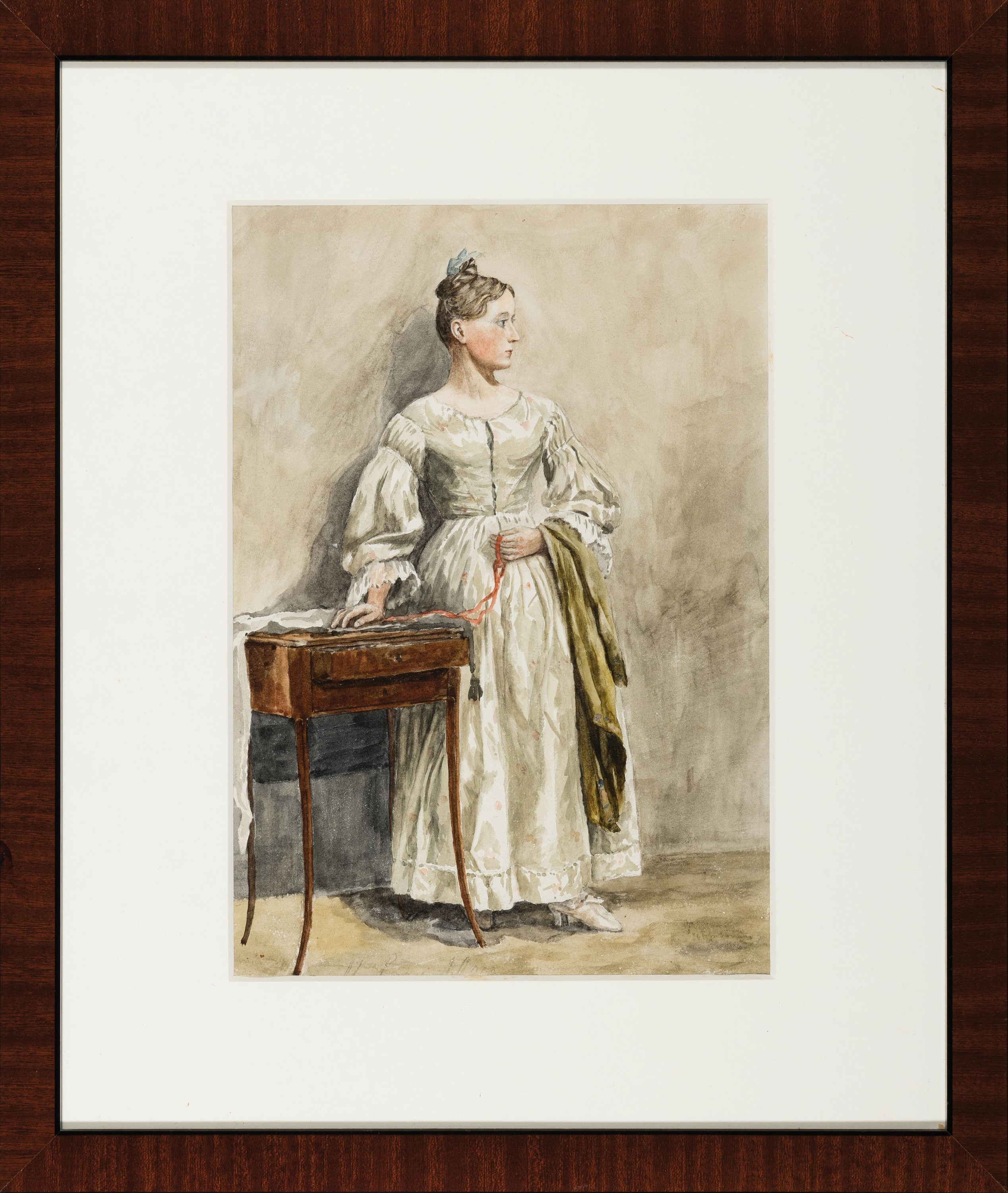 Detail k: Unbekannter Künstler, um 1900, Junge Frau am Nähtisch, Aquarell auf Papier, links unten unleserlich signiert, ca. 30x20cm, PP, u.Gl., R. ca. 46x39cm