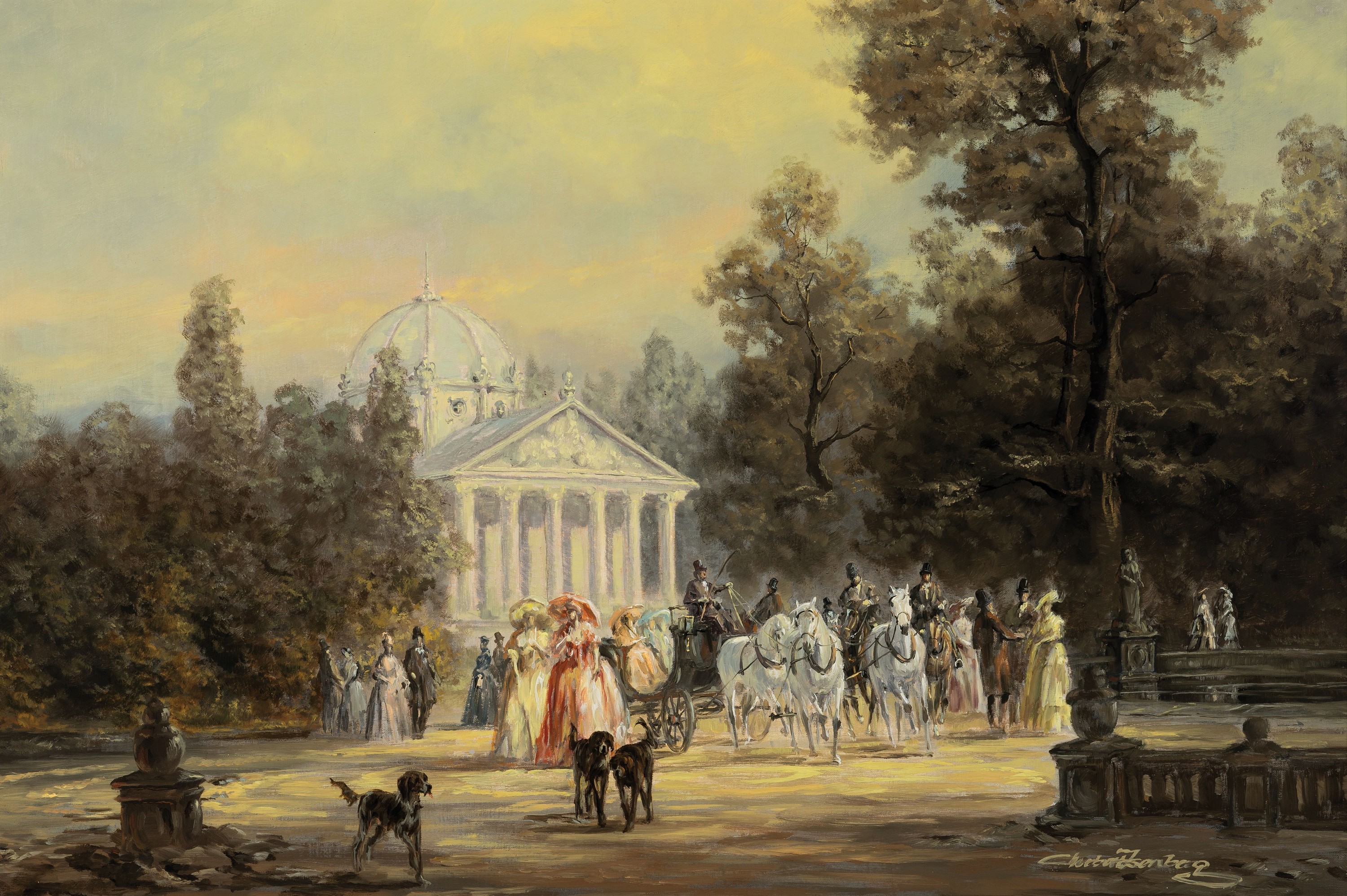 Herbert Isenberg, 1930-2021, Elegante Gesellschaft im Schloßpark, Öl/Lwd, rechts unten signiert, ca. 60x90cm, R. ca. 78x108cm