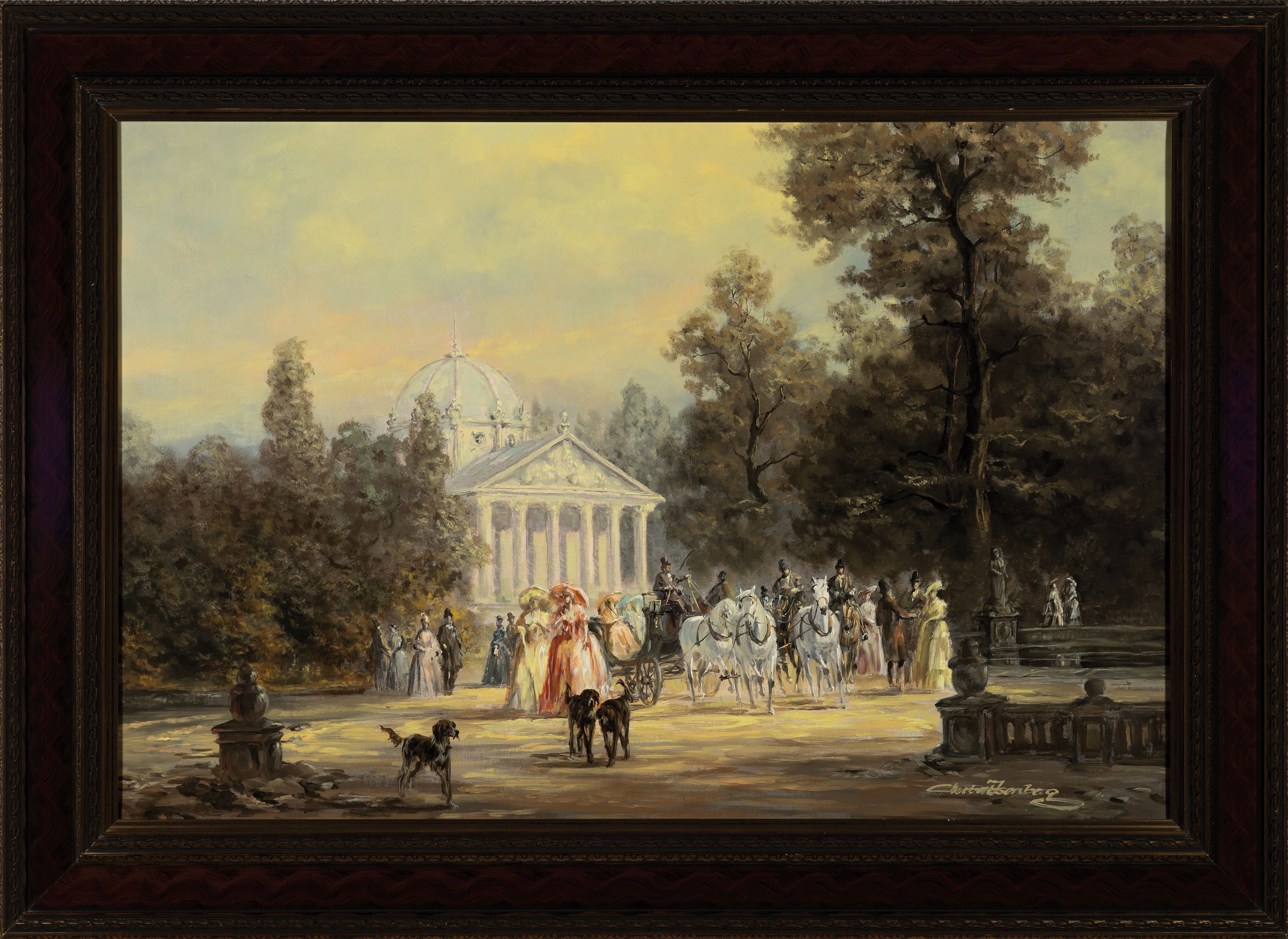 Detail k: Herbert Isenberg, 1930-2021, Elegante Gesellschaft im Schloßpark, Öl/Lwd, rechts unten signiert, ca. 60x90cm, R. ca. 78x108cm