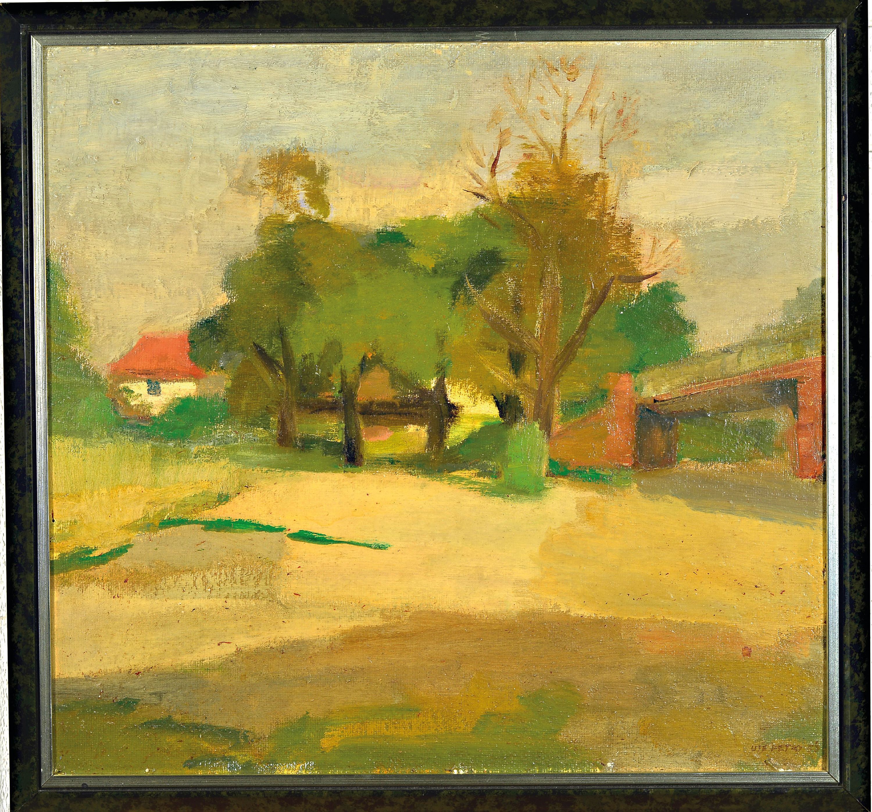 Detail k: Ute Petry, 1927-2009 Ludwigshafen am Rhein, Sommerlandschaft mit Haus und Steinbrücke, Öl/Hartfaser, rechts unten sign. und dat. 53, ca. 56x59cm, ...