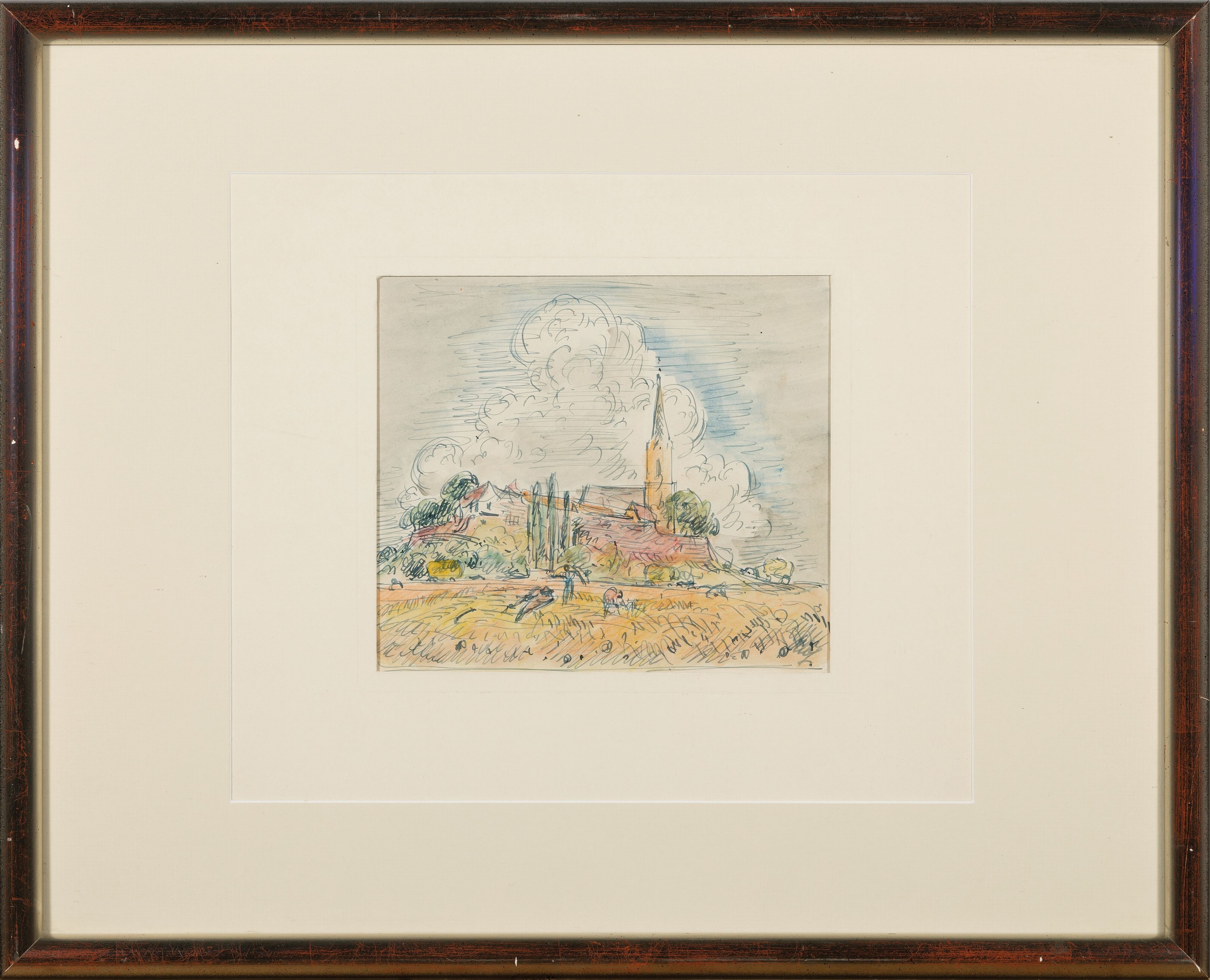 Detail l: Albert Haueisen, 1872 Stuttgart-1954 Kandel,2 Arbeiten: Blick auf den Jockgrimer Dörleberg, aquarellierte Federzeichnung, rechts unten sign., ca. ...