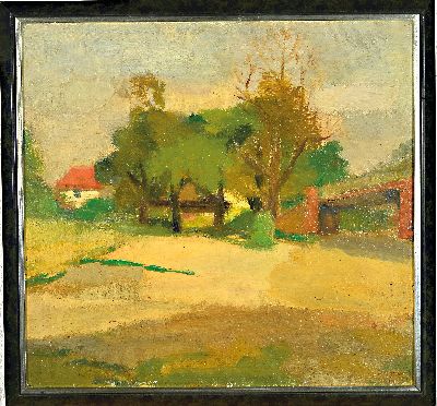 26866882k - Ute Petry, 1927-2009 Ludwigshafen am Rhein, Sommerlandschaft mit Haus und Steinbrücke, ...