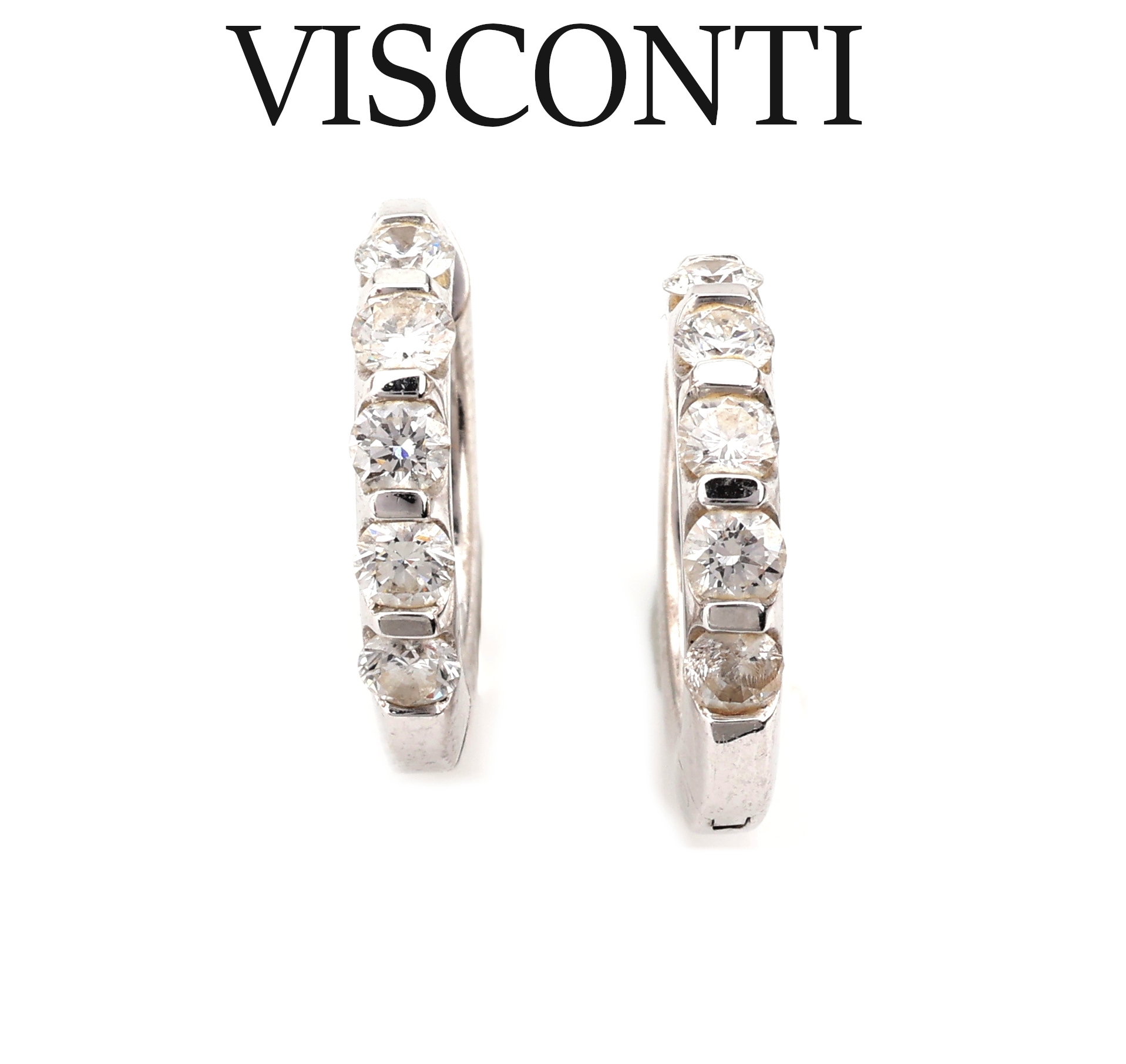 Paar 18 kt Gold Brillant-Ohrcreolen, WG 750/000, 10 Brillanten zus. ca. 1.0 ct feines Weiß-Weiß/vs, Hersteller Giorgio VISCONTI, ca. 7.5 g, ...