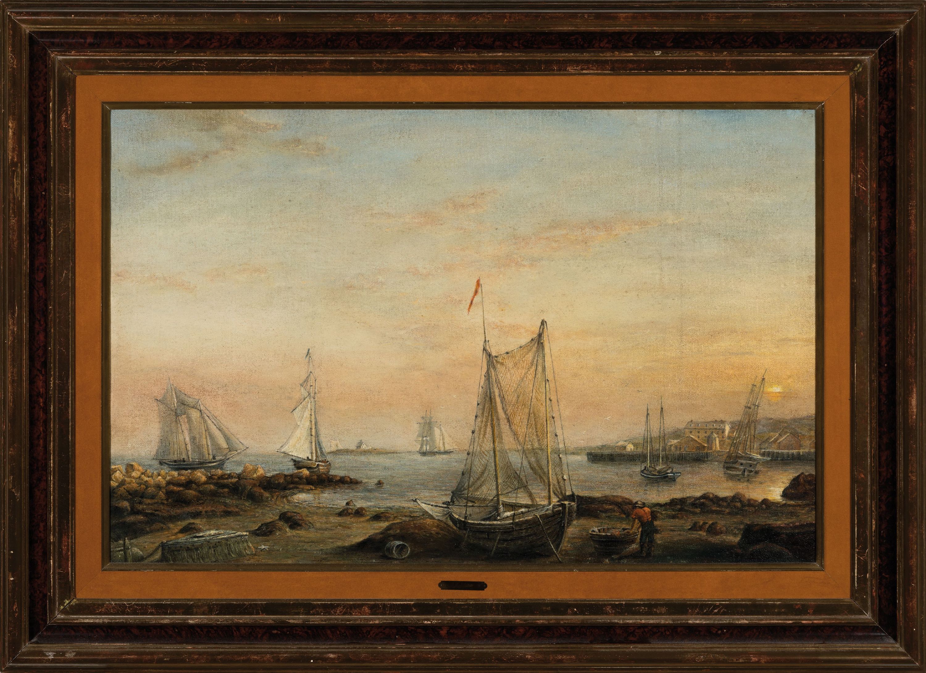 Detail k: Nachfolger: Fitz Hugh Lane (1804-1865), Maler der Hudson River School, Hafenbecken mit Fischerbooten und Segelschiffen, abendliche Stimmung, Öl/Lwd, ...