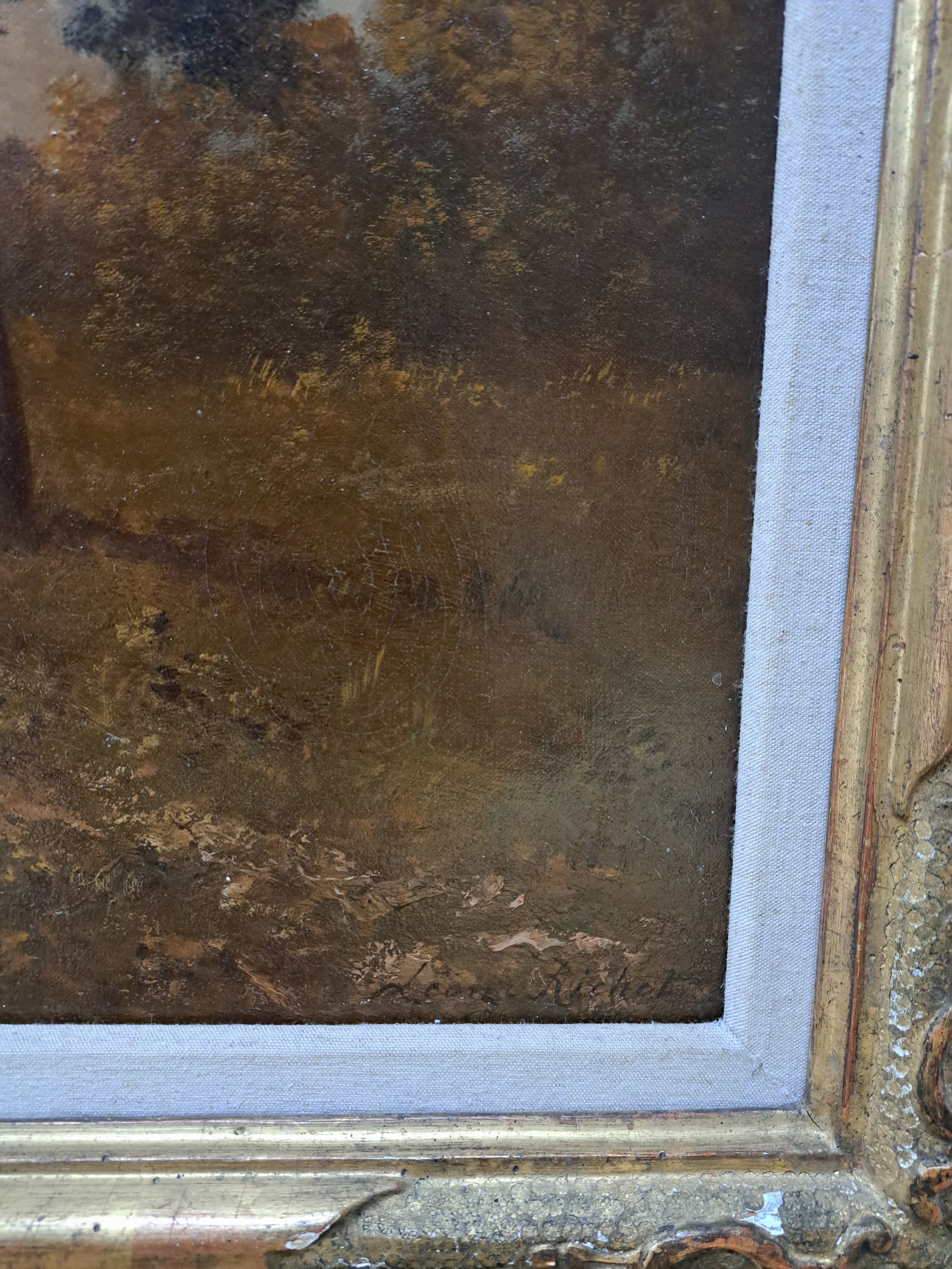 Detail b: Leon Richet, 1847 Solesmes-1907 Fontainebleau , Ausbildung an der Akademie de Valencienne, der Schule von Barbizon zugehörig, atmosphärische ...