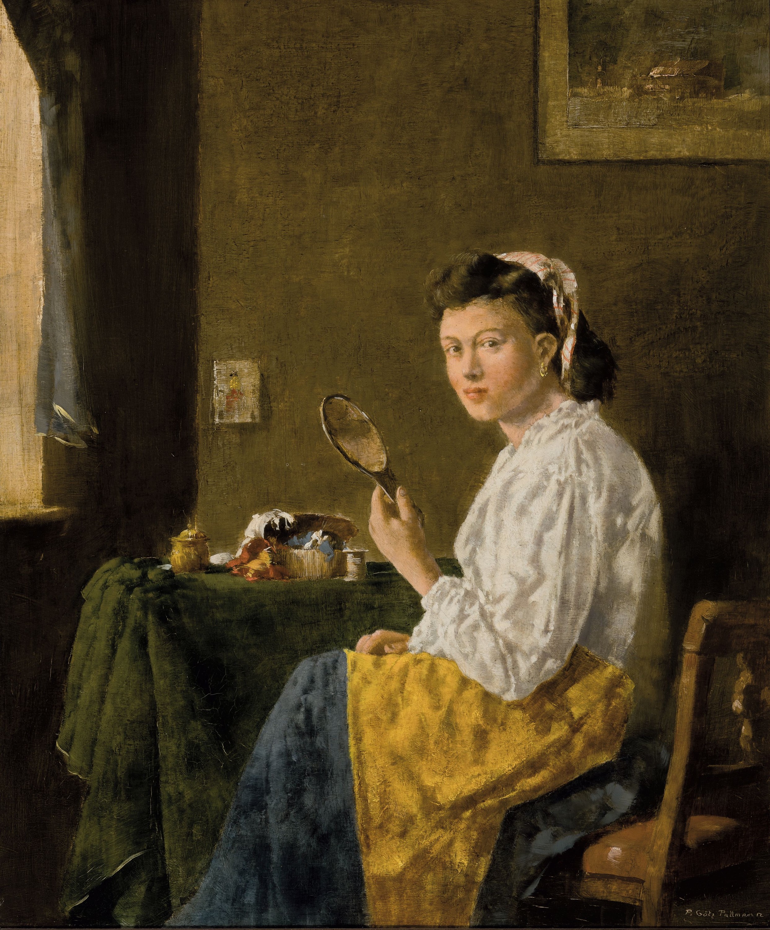 Peter Götz Pallmann, 1908-1966 Berlin, jungeFrau mit Goldohrring am Tisch mit Nähutensilien, Öl/Masonit, rechts unten signiert, 58x47 cm, Rahmen ...