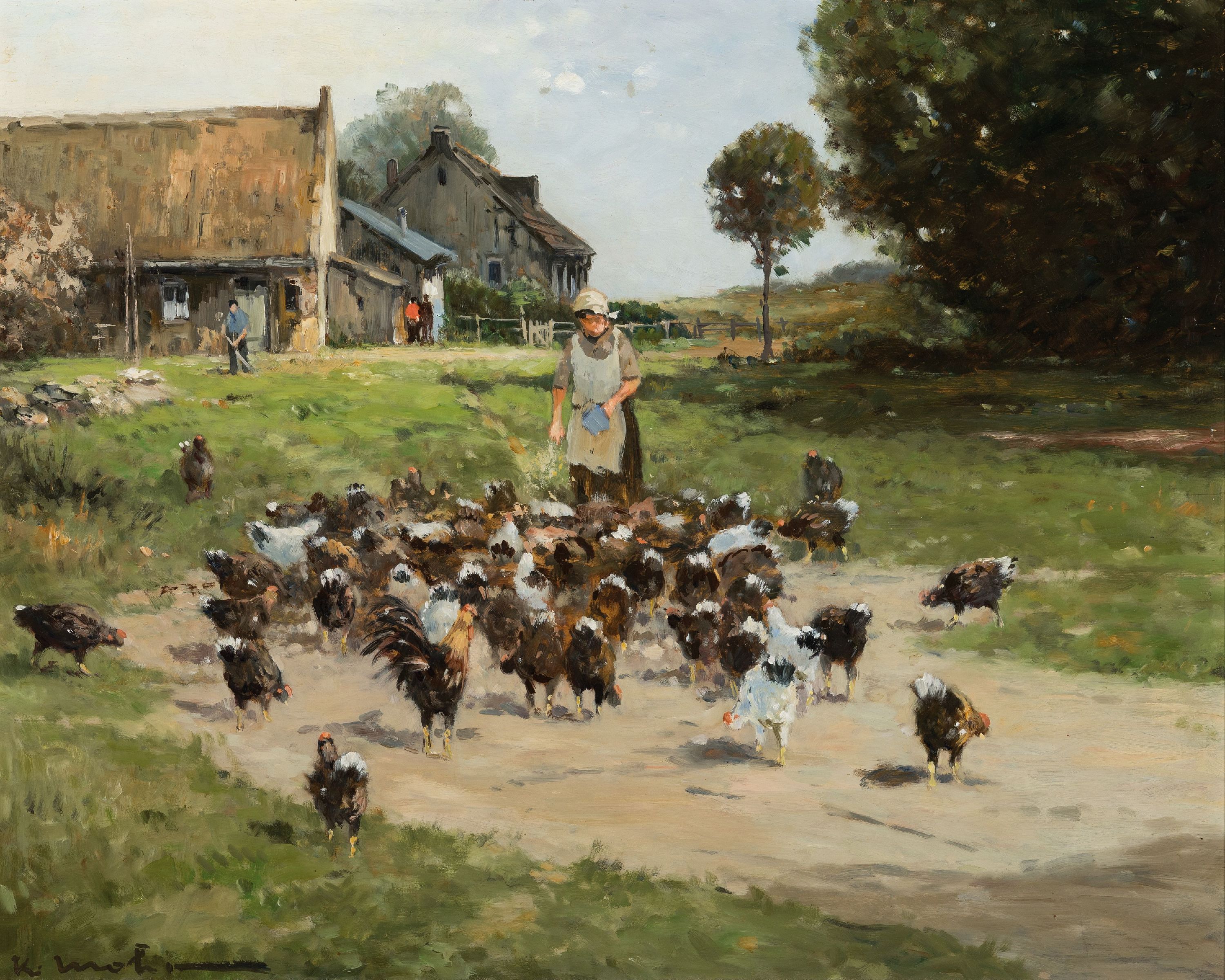 Karl Mohr, 1922-2013 Düsseldorf, junge Magd beim Füttern der Hühner auf dem Hof, links unten signiert, Öl/Masonit, 40x50 cm, Rahmen 51x61 cm
