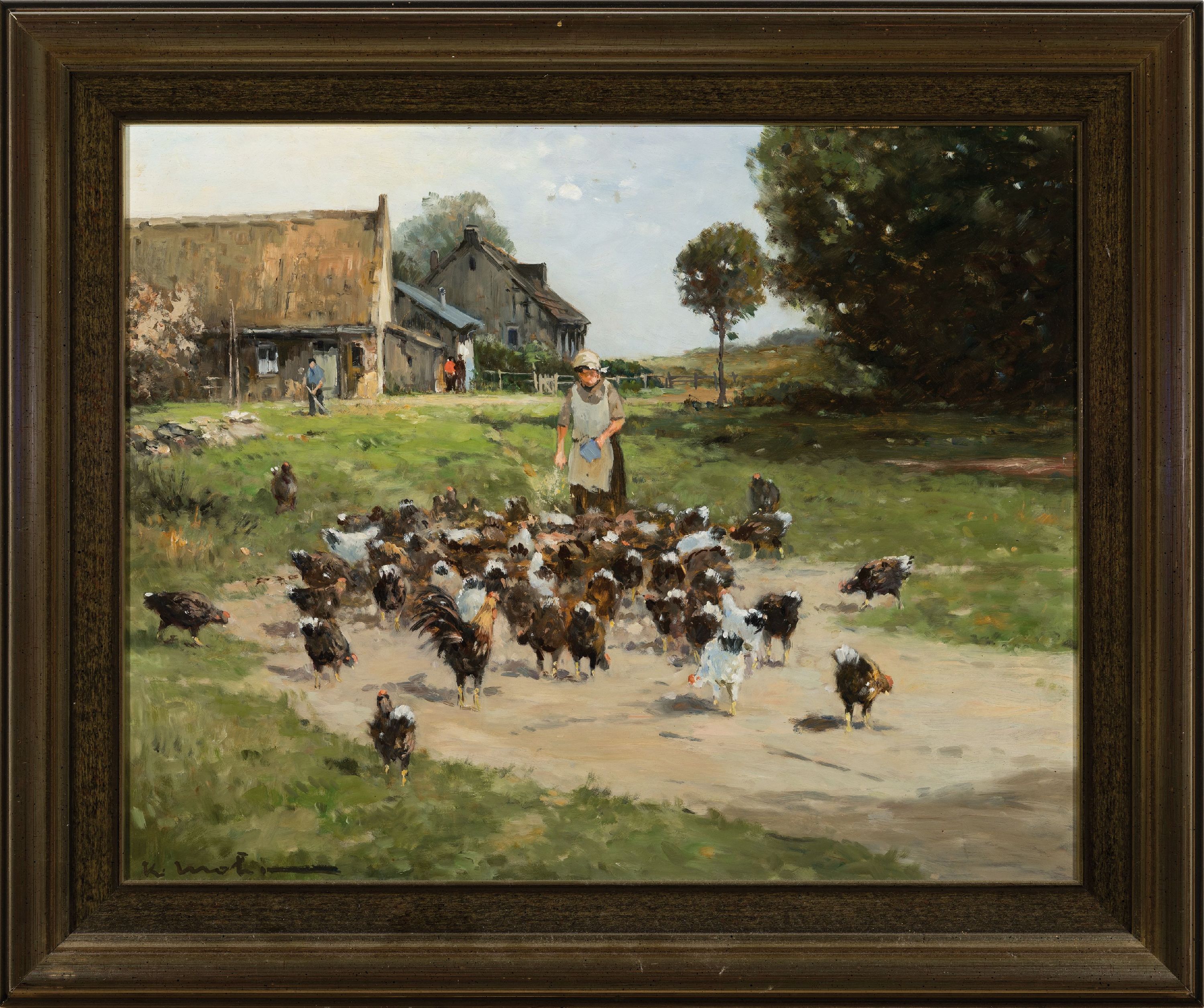 Detail k: Karl Mohr, 1922-2013 Düsseldorf, junge Magd beim Füttern der Hühner auf dem Hof, links unten signiert, Öl/Masonit, 40x50 cm, Rahmen 51x61 cm