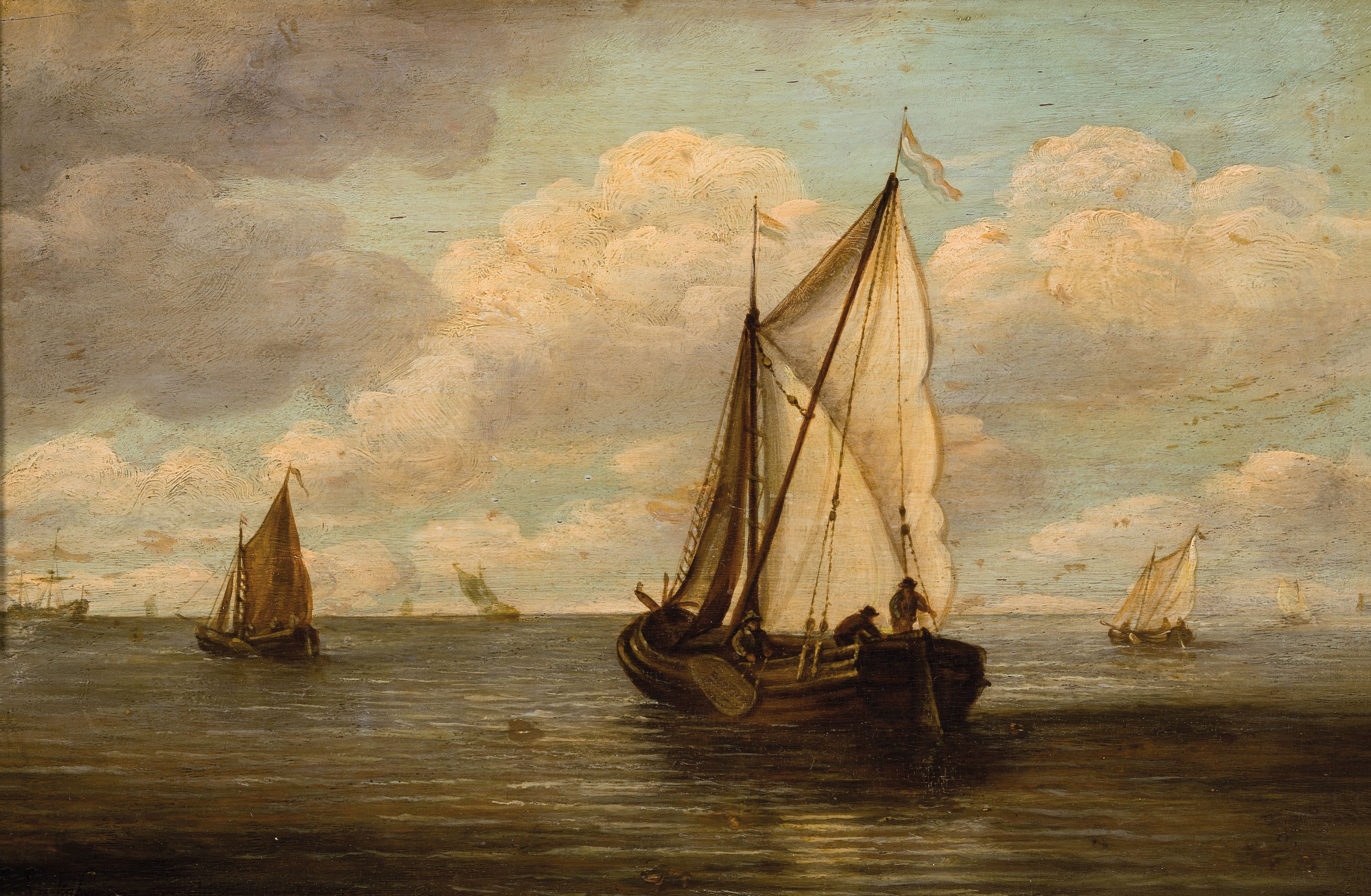 Ludolf Bakhuizen, 1630 Emden-1708 Amsterdam, holländische Fischerboote auf offener See, Schiff im Vordergrund mit drei Fischern bei der Arbeit, ...