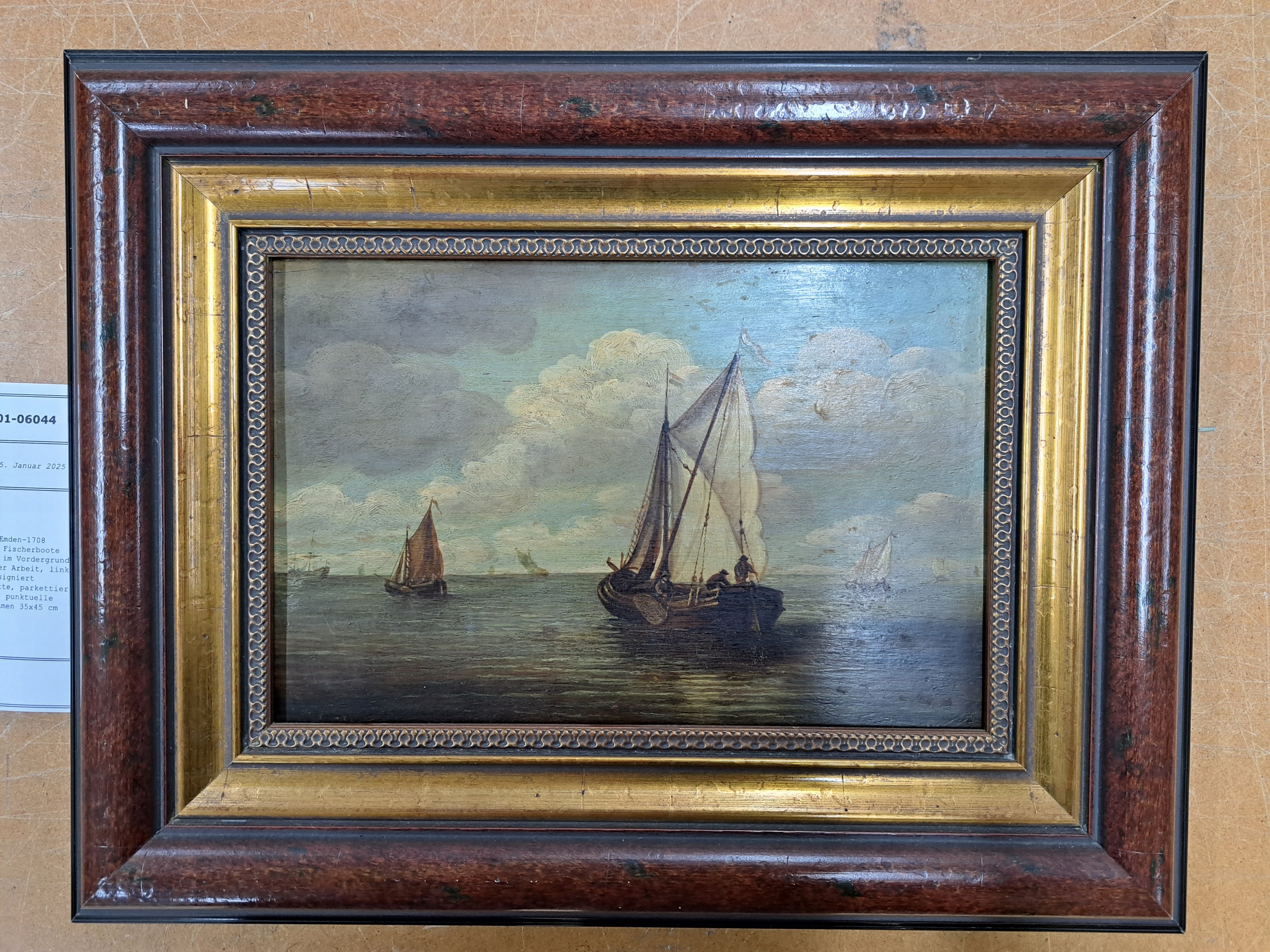 Detail a: Ludolf Bakhuizen, 1630 Emden-1708 Amsterdam, holländische Fischerboote auf offener See, Schiff im Vordergrund mit drei Fischern bei der Arbeit, ...