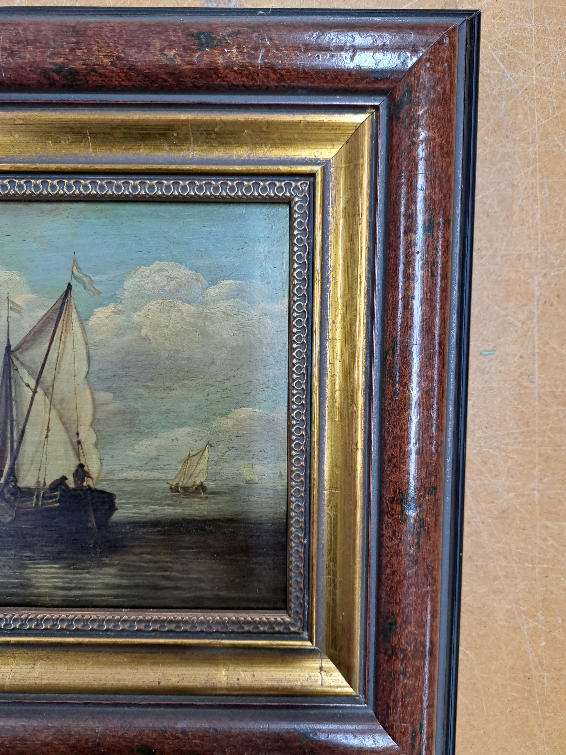 Detail c: Ludolf Bakhuizen, 1630 Emden-1708 Amsterdam, holländische Fischerboote auf offener See, Schiff im Vordergrund mit drei Fischern bei der Arbeit, ...