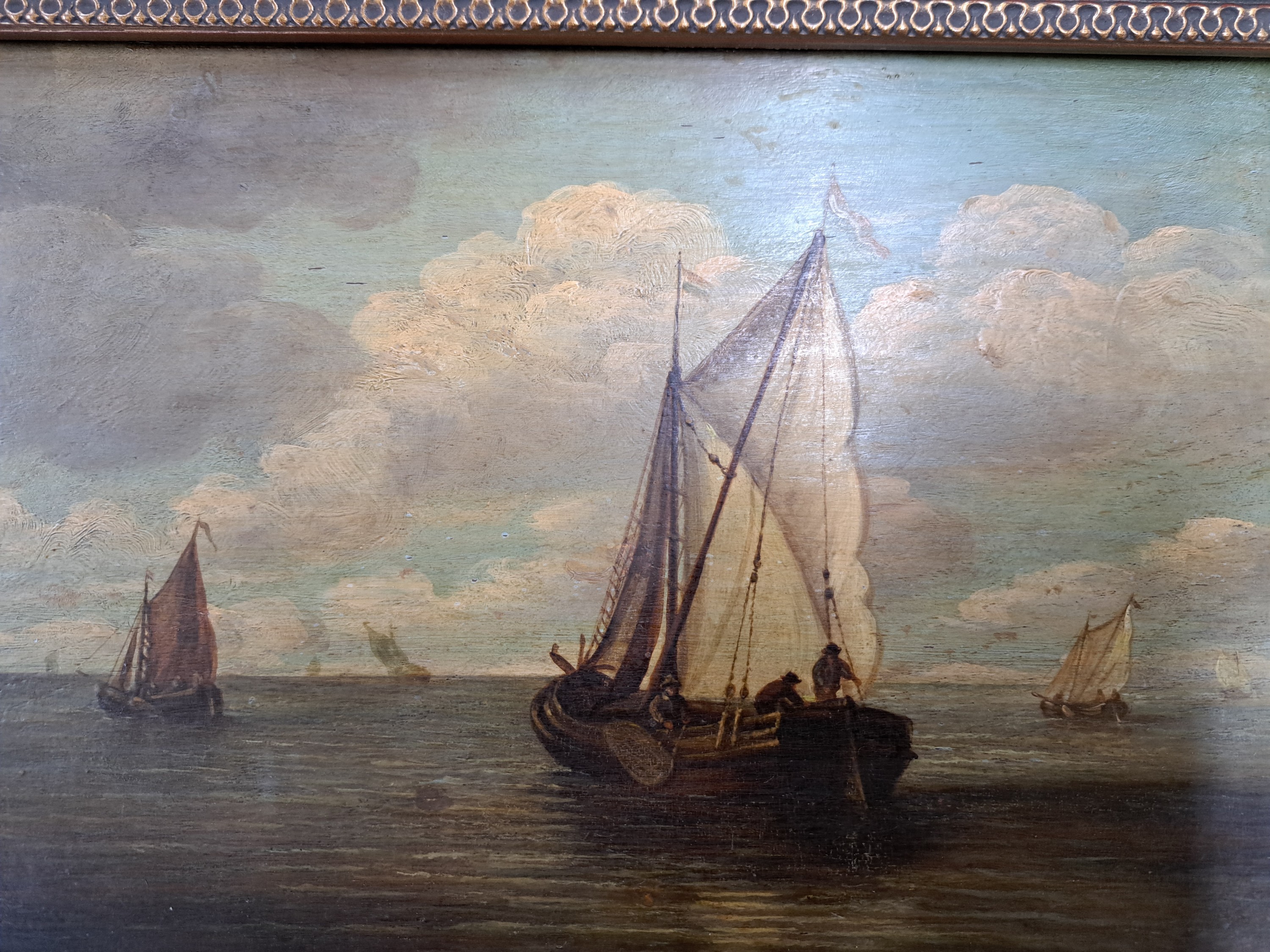 Detail d: Ludolf Bakhuizen, 1630 Emden-1708 Amsterdam, holländische Fischerboote auf offener See, Schiff im Vordergrund mit drei Fischern bei der Arbeit, ...