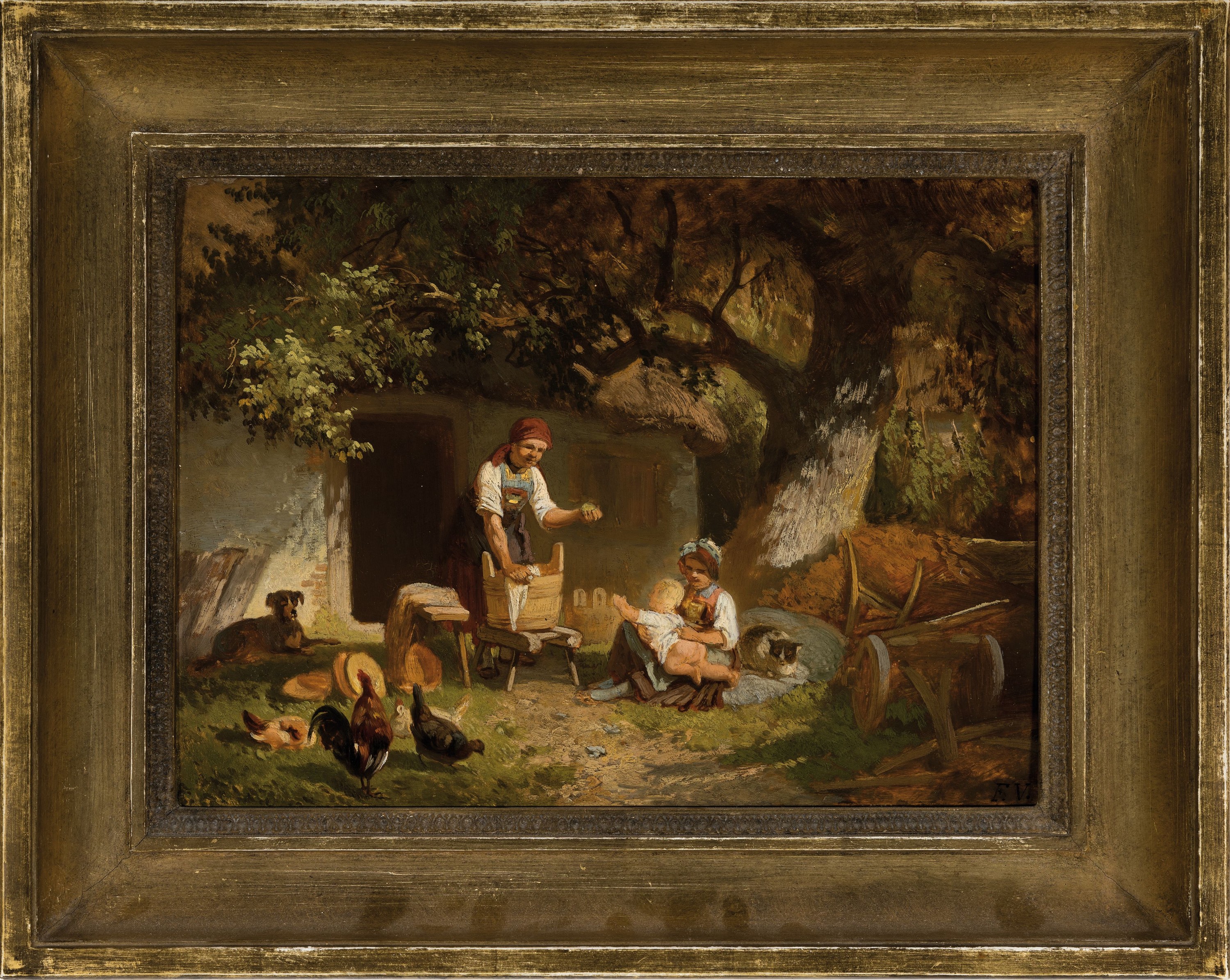 Detail k: Friedrich Voltz, 1817 Nördlingen-18886 München, "ländliche Szene" so verso bez., Bauernfamilie bei Waschen hinter dem Haus, ...