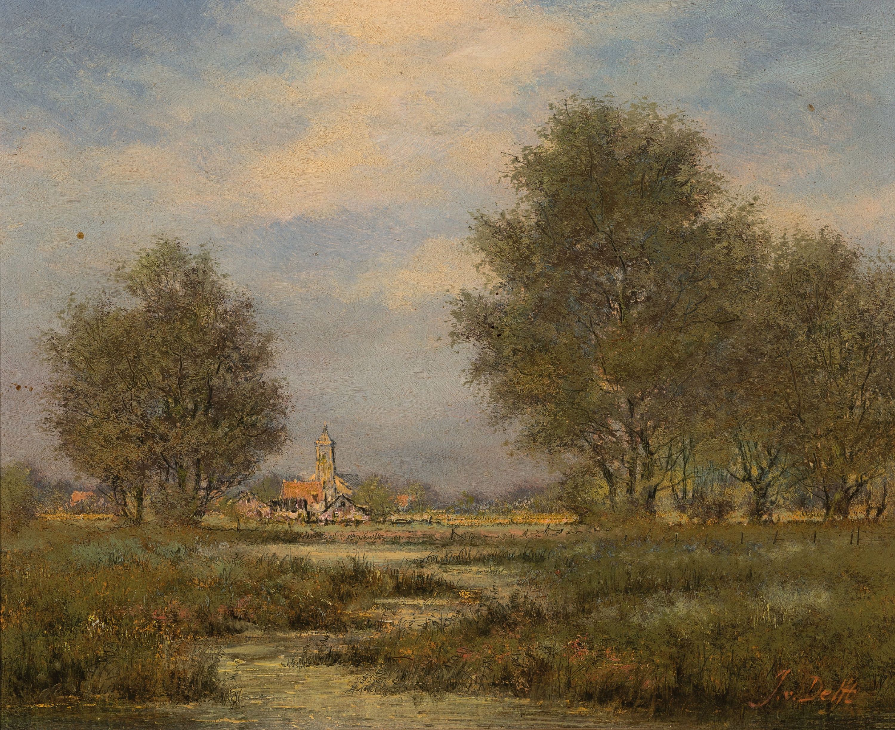 Jan van Delft, geb. 1928, niederländische Weidelandschaft mit Blick auf ein Dorf, Öl/Platte, rechts unten signiert, 24x30 cm, Rahmen 38x43 cm