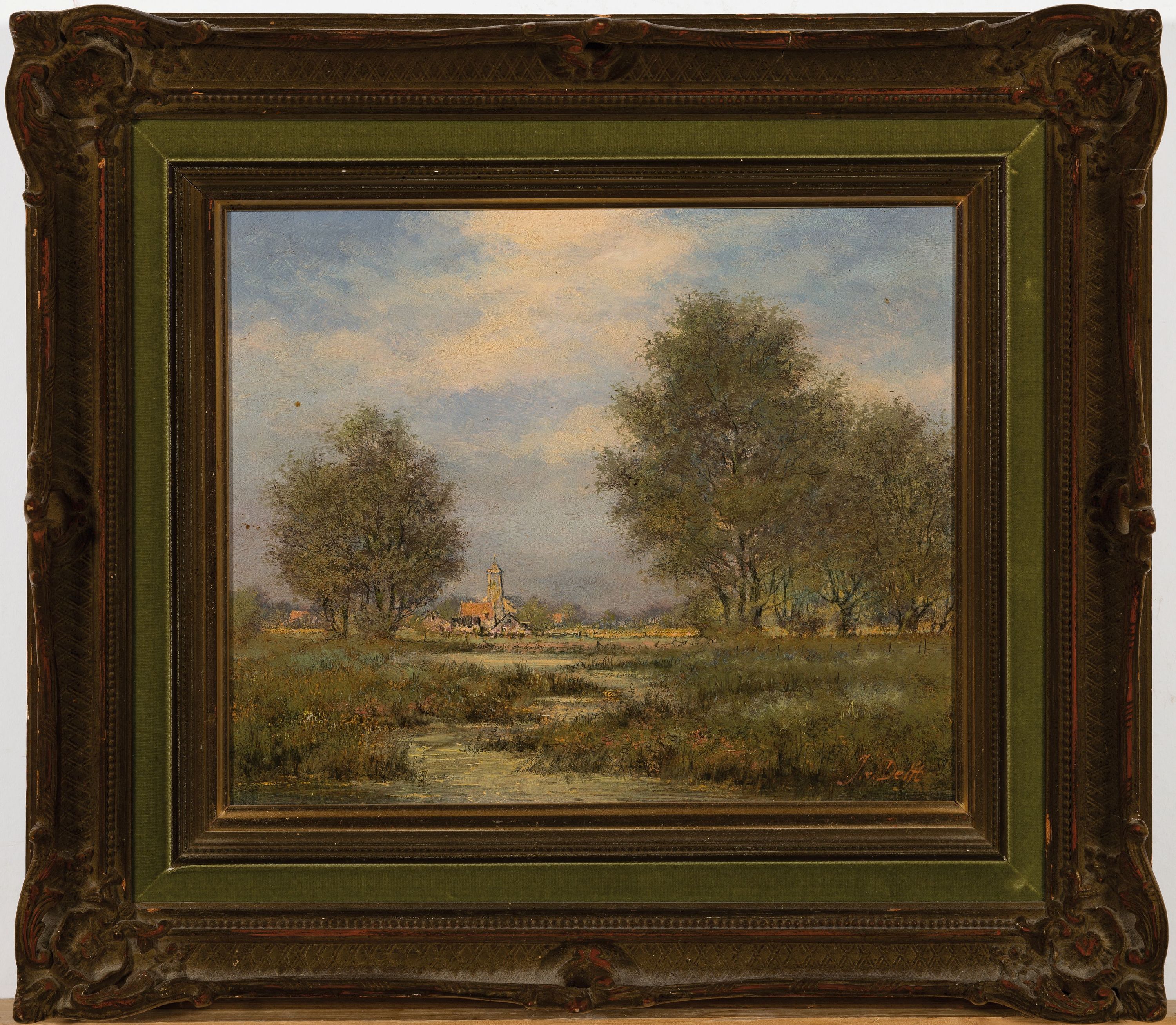 Detail k: Jan van Delft, geb. 1928, niederländische Weidelandschaft mit Blick auf ein Dorf, Öl/Platte, rechts unten signiert, 24x30 cm, Rahmen 38x43 cm