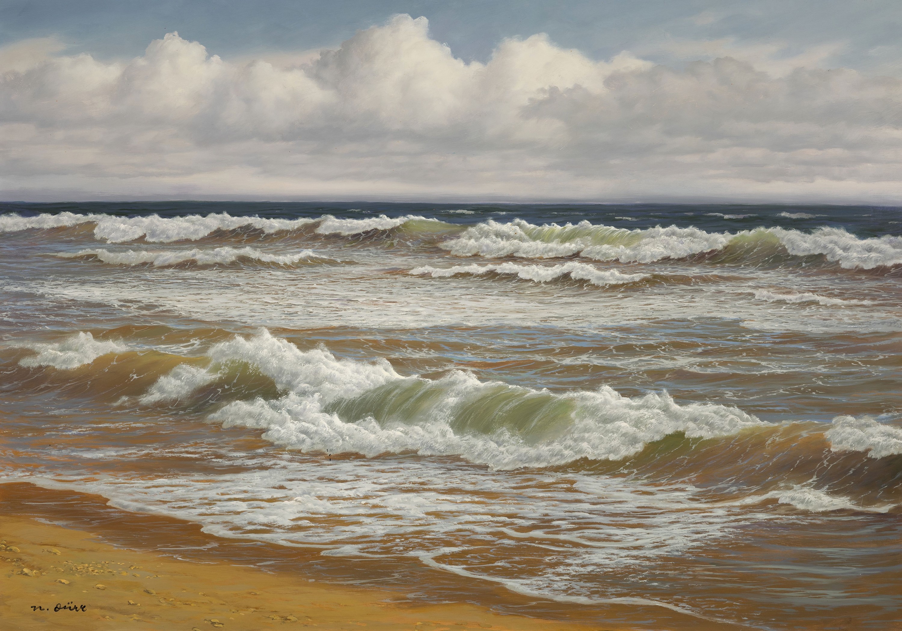 Hans Dürr, 1913-1993, maritime Landschaft, Wellen gegen den Strand brandend, links unten signiert, Öl/Lwd, Rahmen 83x111 cm