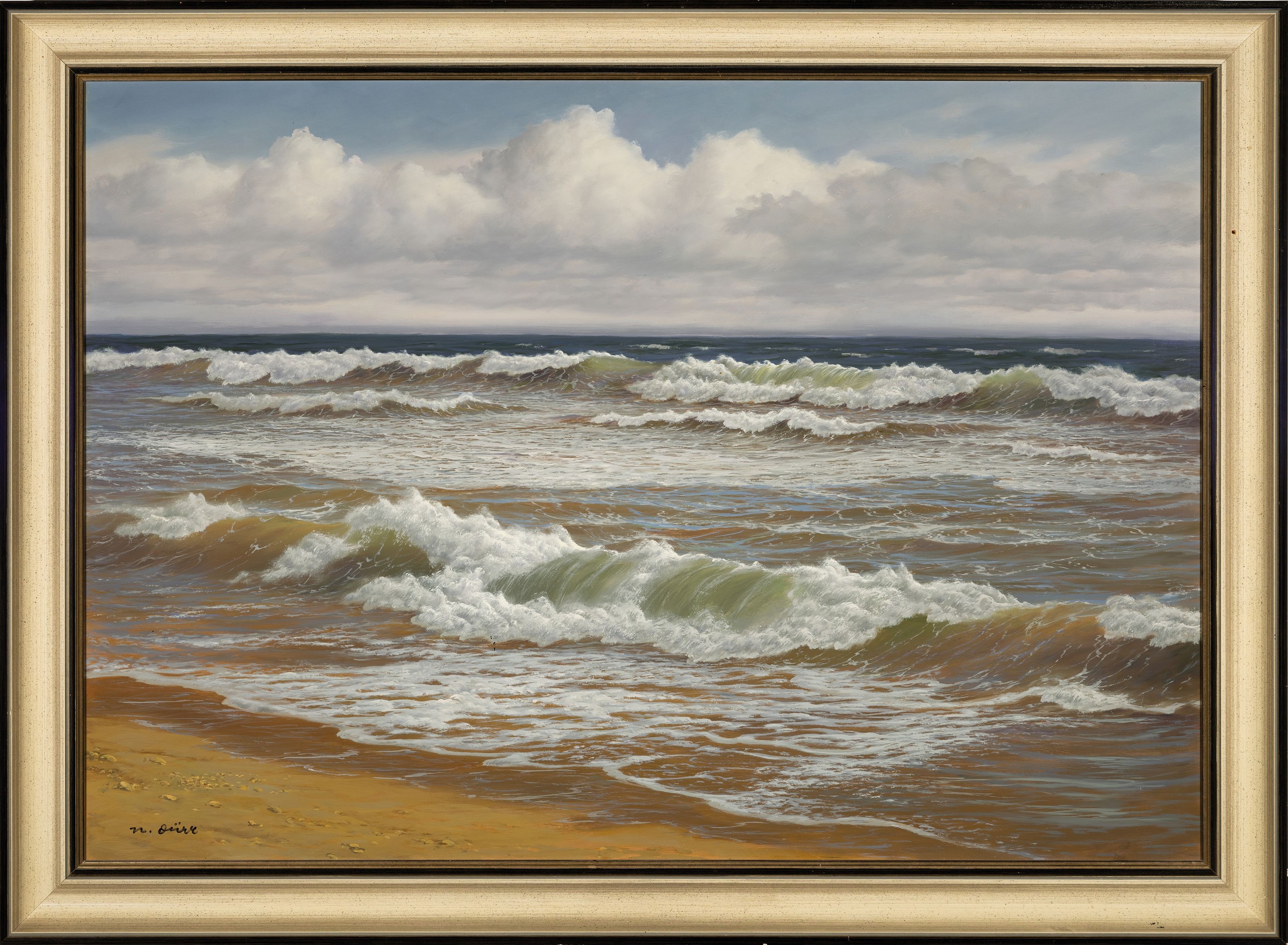 Detail k: Hans Dürr, 1913-1993, maritime Landschaft, Wellen gegen den Strand brandend, links unten signiert, Öl/Lwd, Rahmen 83x111 cm