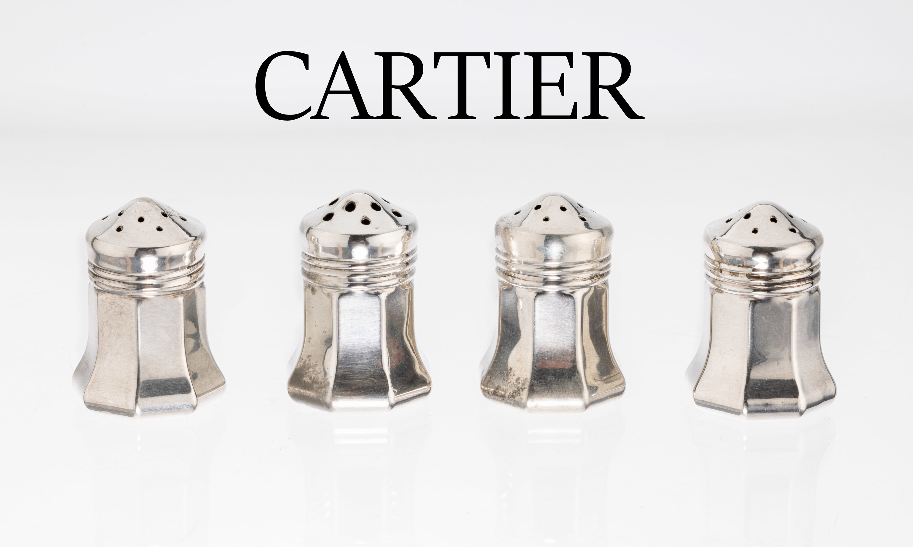 Set 8 CARTIER Gewürzstreuer, 925er Silber, schlichte Gestaltung, Deckel abschraubbar, in orig. Etui mit Lager- und Gebr.-Spuren, sign.