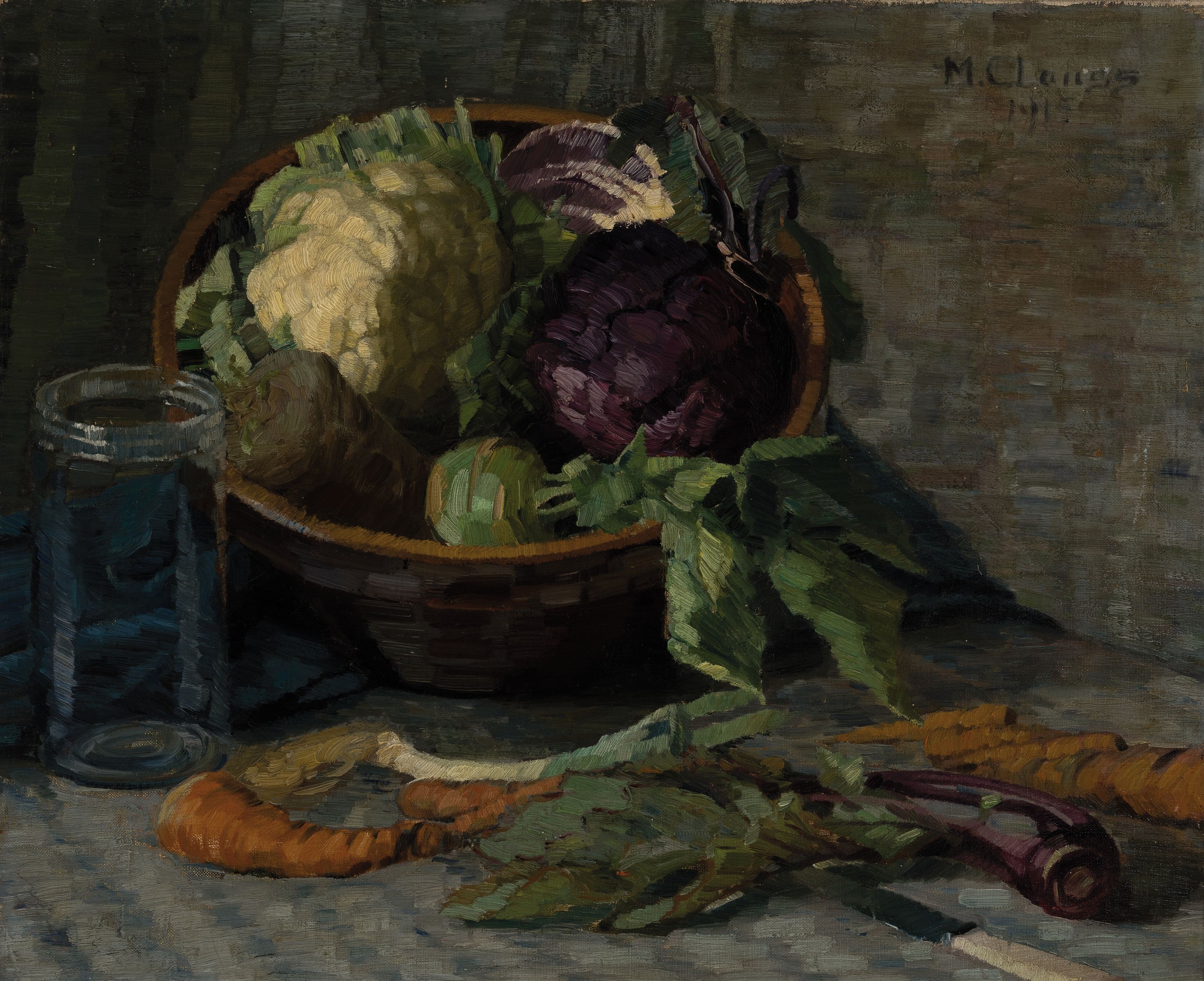 M. Clauss, Künstler um die Jahrhundertwende, datiert 1915, Stillleben mit Blumen- und Rotkohl, Rüben, Lauch und anderen Feldfrüchten, rechts oben ...