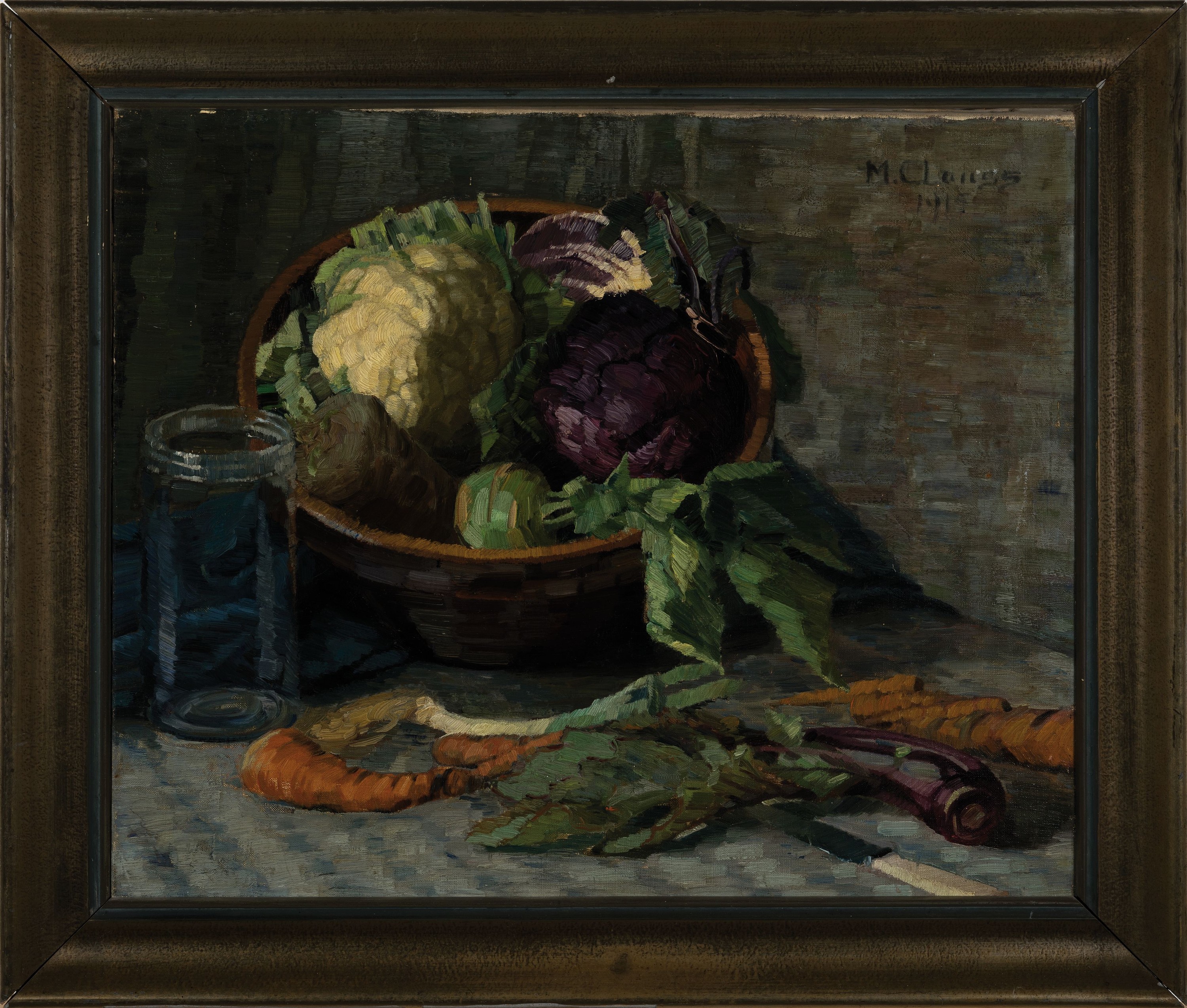 Detail k: M. Clauss, Künstler um die Jahrhundertwende, datiert 1915, Stillleben mit Blumen- und Rotkohl, Rüben, Lauch und anderen Feldfrüchten, rechts oben ...