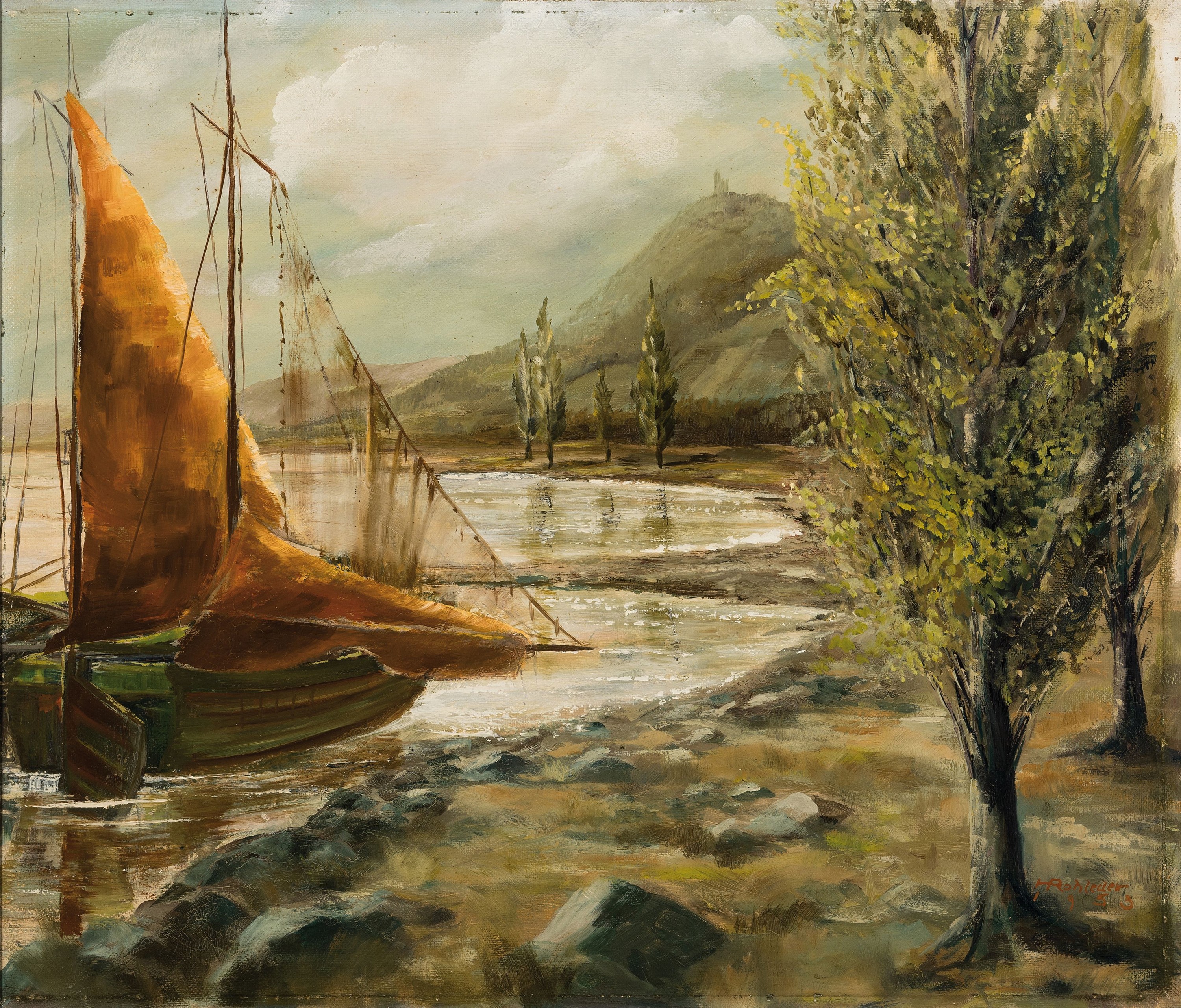 Hugo Rohleder, 1896 Wuppertal-1988 Kassel, Segelboot am Ufer, im Hintergrund eine Burg auf einem Hügel, Öl/Hartfaser, rechts unten signiert und ...