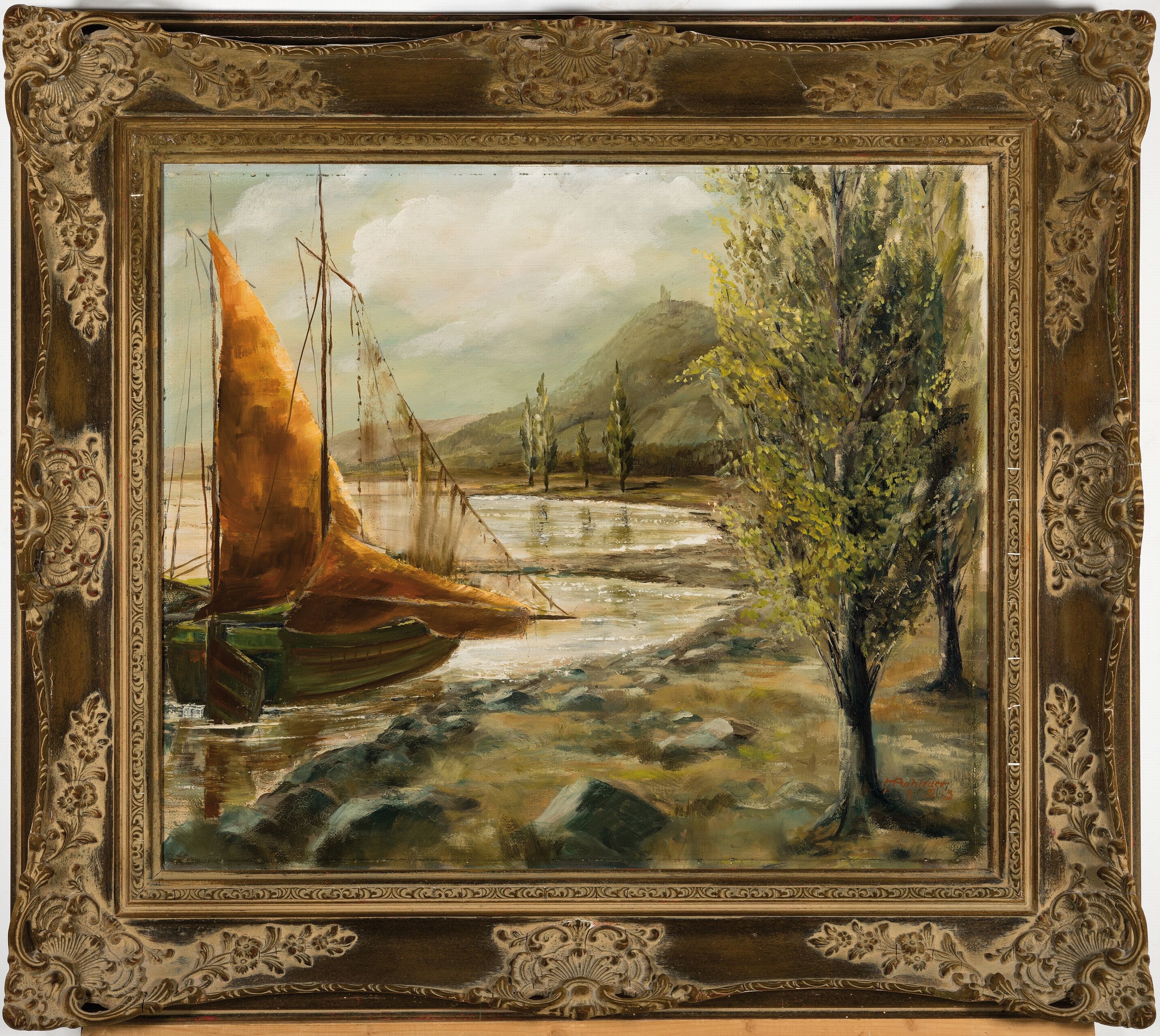 Detail k: Hugo Rohleder, 1896 Wuppertal-1988 Kassel, Segelboot am Ufer, im Hintergrund eine Burg auf einem Hügel, Öl/Hartfaser, rechts unten signiert und ...