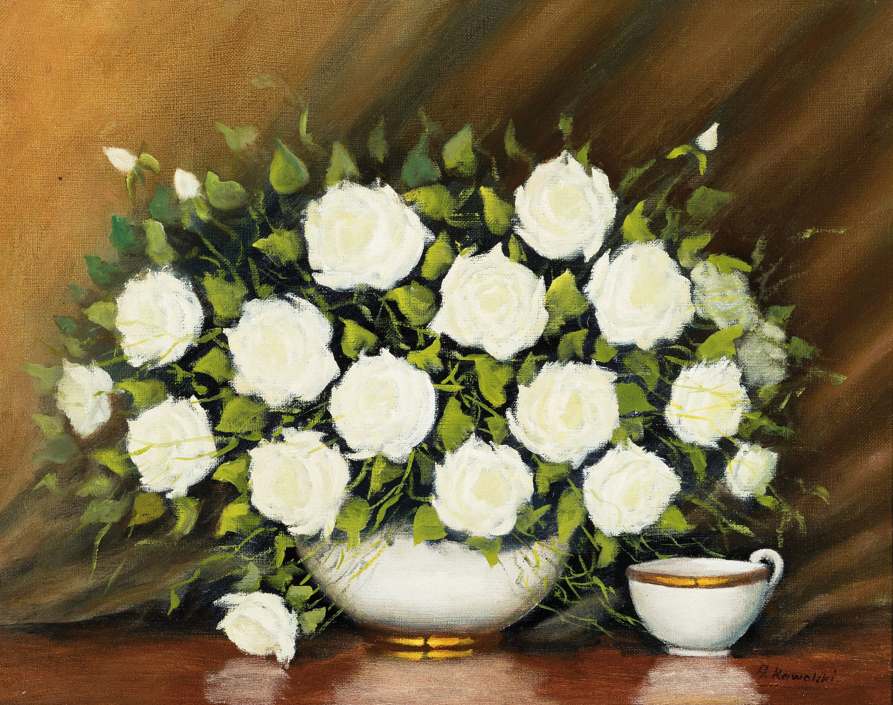 A. Kowalski, polnischer Traditionalist, Stillleben mit weißen Rosen und Teetasse, Öl/Lwd, rechts unten sign., ca. 40x50cm, R. ca. 54x64cm