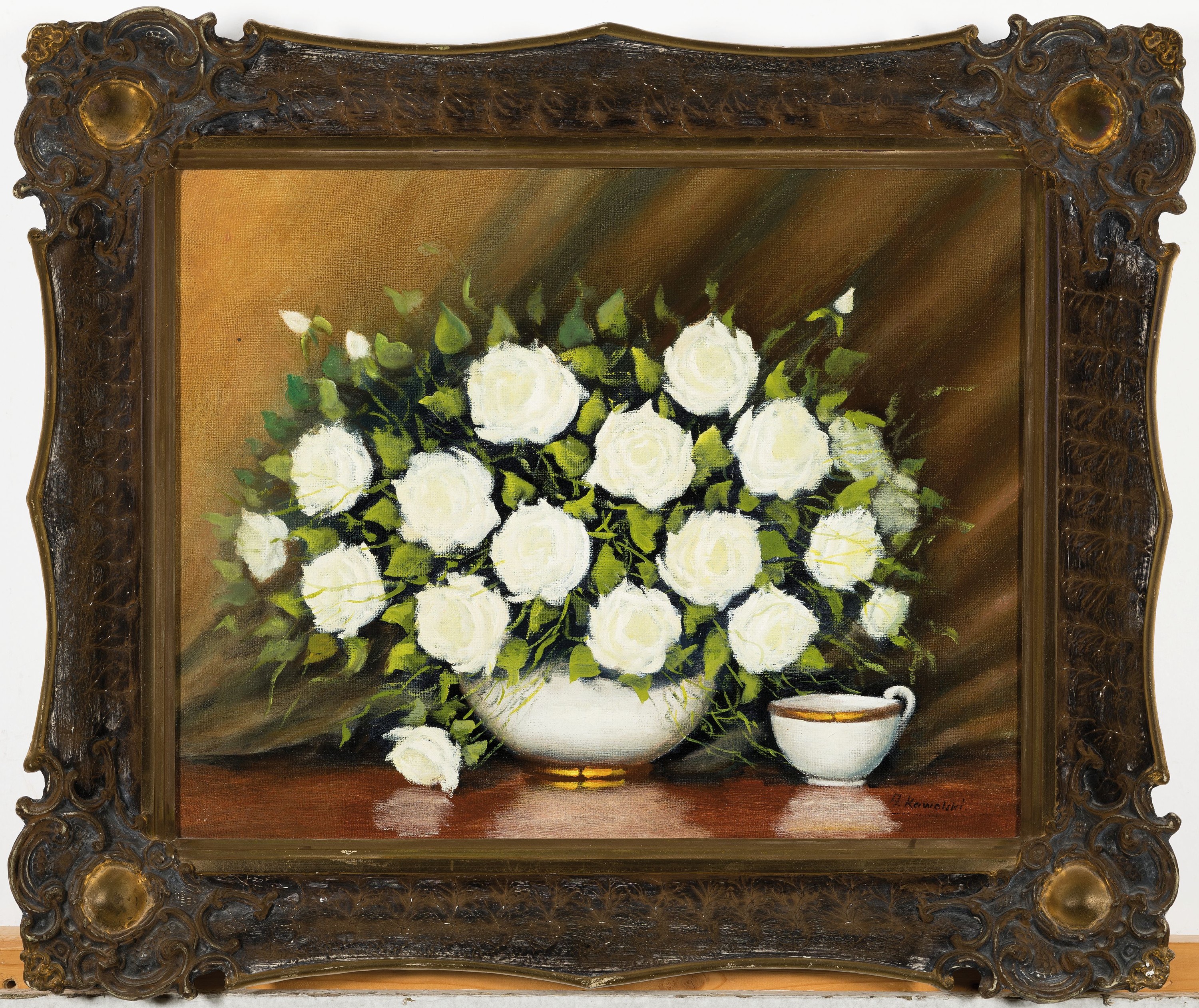 Detail k: A. Kowalski, polnischer Traditionalist, Stillleben mit weißen Rosen und Teetasse, Öl/Lwd, rechts unten sign., ca. 40x50cm, R. ca. 54x64cm